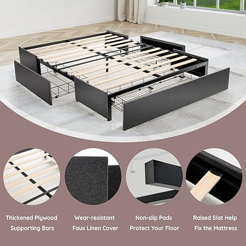 Miniatura 5 de Giantex Base de cama con 3 cajones, plataforma resistente de tamaño matrimonial con listones de madera, base de colchón con marco resistente, no