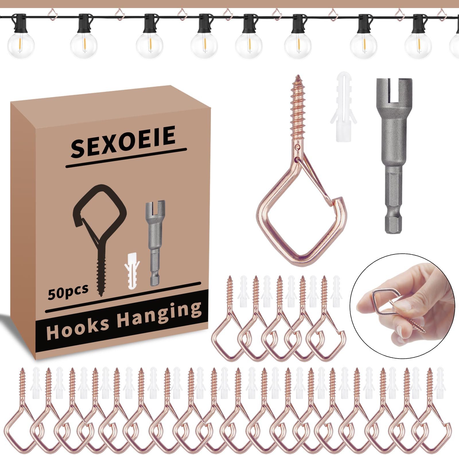 Sexoeie 50 PCS Rose Gold Eye Screw Hooks for Hanging Heavy Duty with Safety Buckle.Metal Ceiling Hooks for Hanging Plants Cup Wind Chime Bird Feeders Patio Lights at Indoor&Outdoor