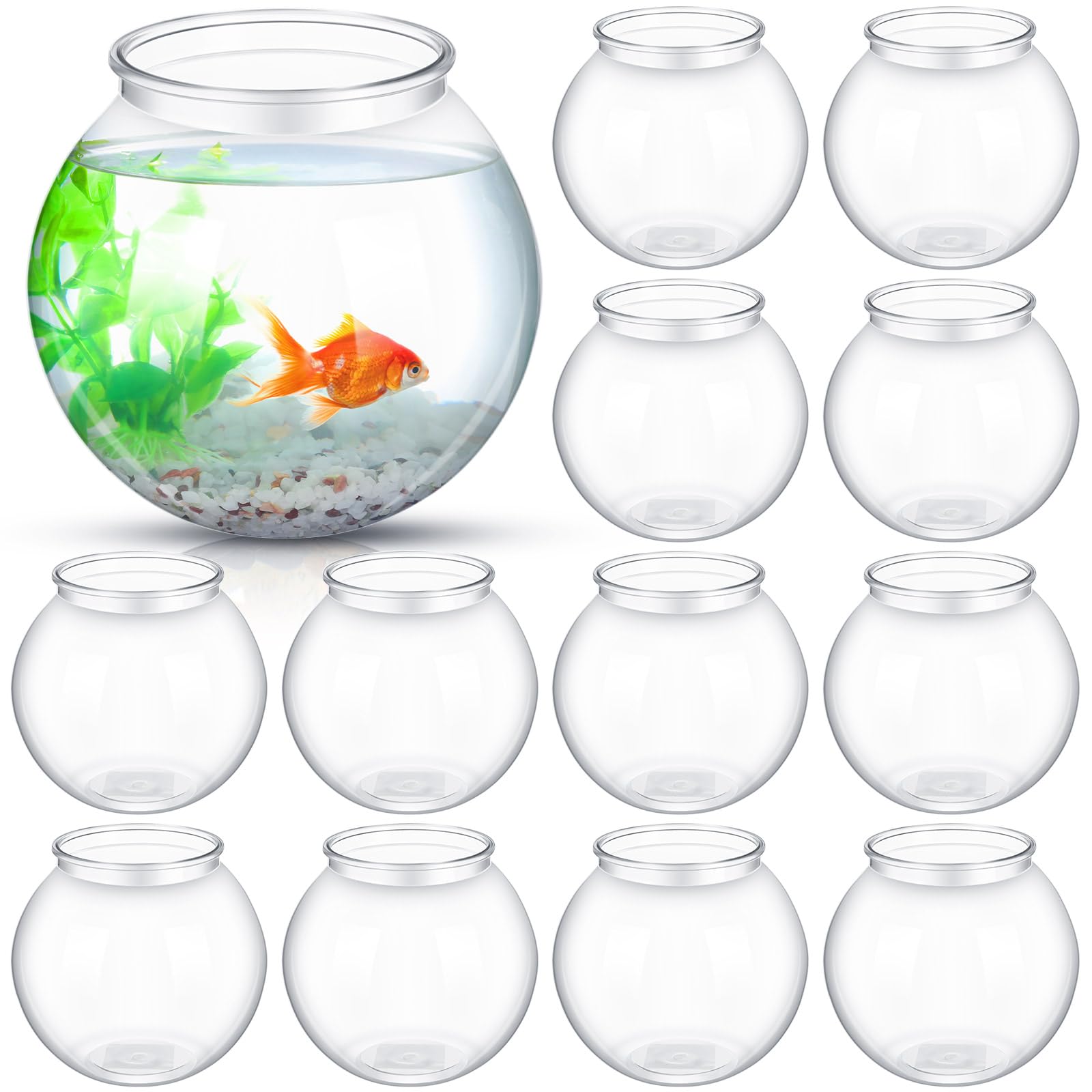 Mifoci Lot de 12 aquariums en plastique transparent - 2 835 g - Multifonction - Rond - Pour la maison, le bureau, les poissons rouges, les tortues, les bonbons, les fêtes, 18 x 16 cm