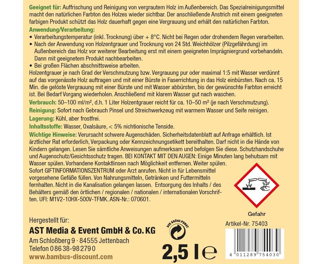 Bambus Holz Entgrauer Holzreiniger, 2,5L, Flüssig