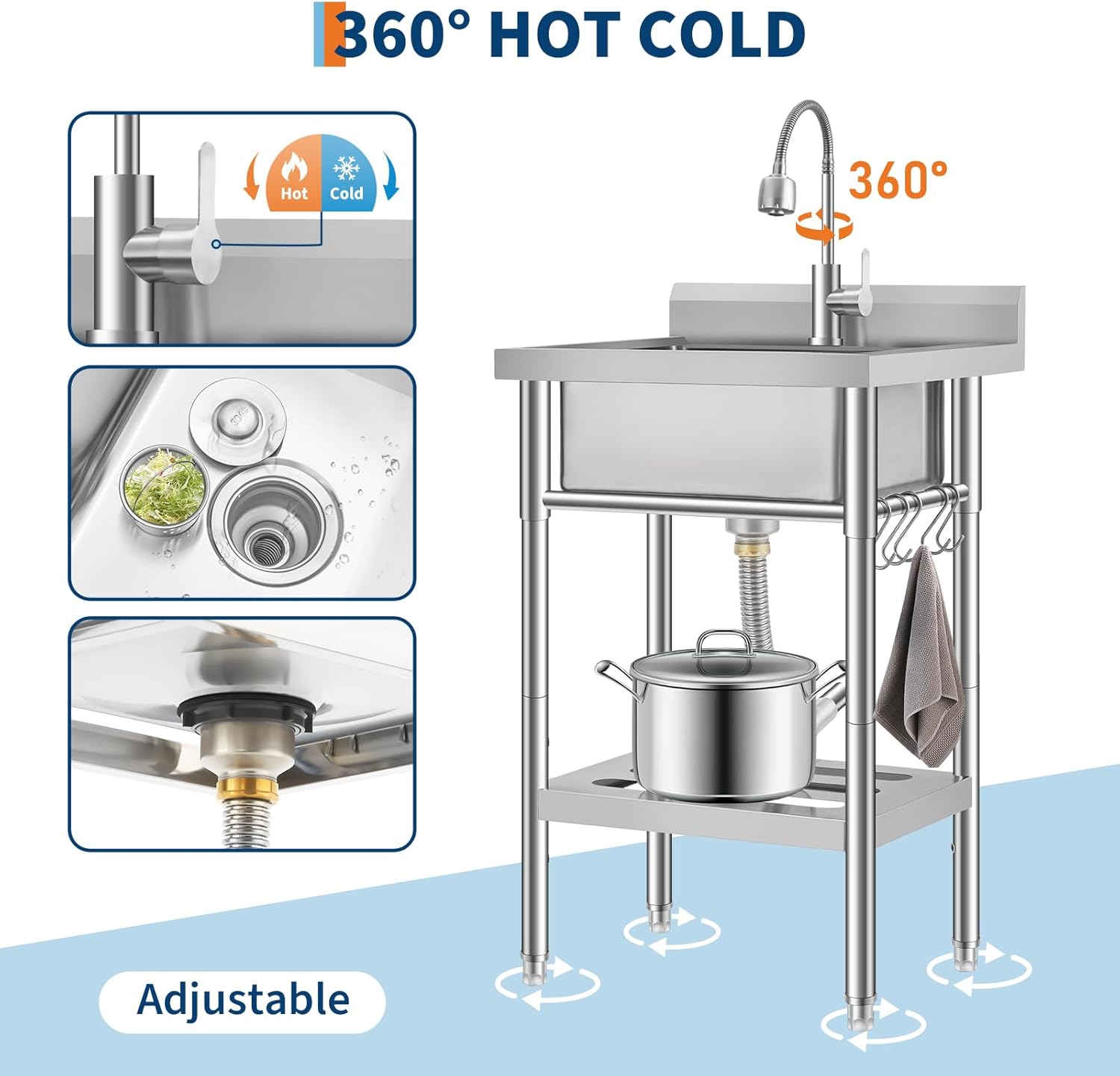 Stainless Steel Utility Sink with Faucet, Freestanding Single Bowl Commercial Sink with Adjustable Legs, Storage Shelf, S-Hooks & Hot Cold Water Pipes for Kitchen, Laundry, Garage, Farm Use