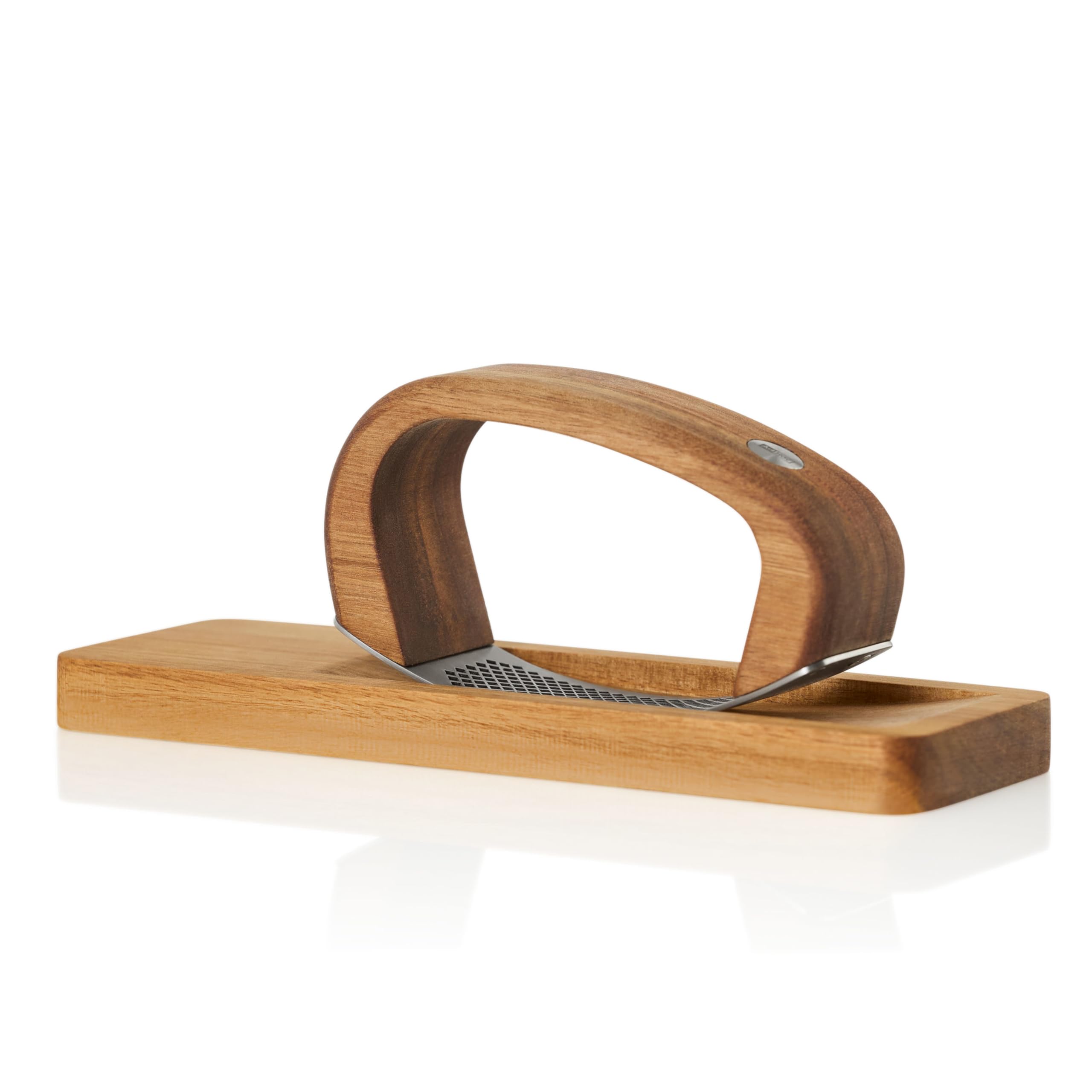 AdHoc GC01 innovative Knoblauchpresse mit Schneidbrett RoccaAlio | edles Akazienholz und lasergeschnittene Edelstahlklinge | Knoblauchschneider modern und ergonomisch in der Anwendung