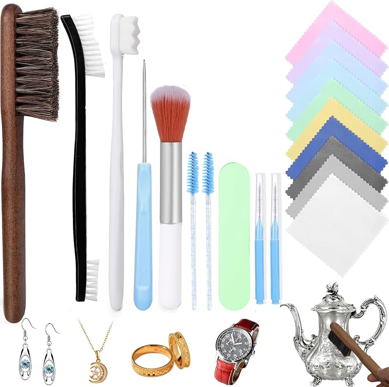 Kit de limpieza de joyas, kit de limpieza profesional de plata de 20 piezas con paño de pulido, cepillo para agujeros grandes y pequeños, agujas y cepillo para hendiduras para todas las joyas, anillos de diamantes, pendientes, plata de ley