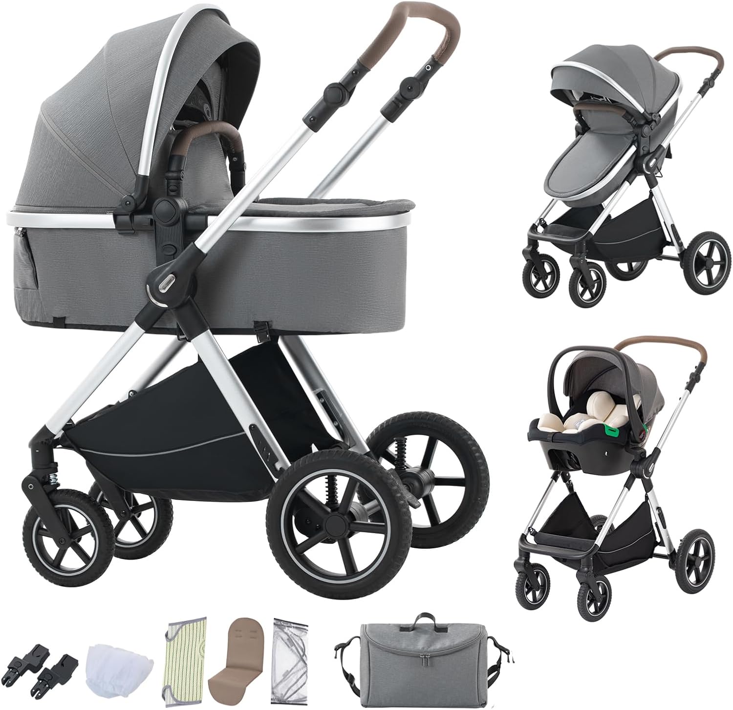 BEBBY Stroller 3-in-1 Baby 3 in 1 with Seat with a One-Hand Foldable Aluminium Frame, Compact Stroller with Adjustable Armrests, Combined Strollers,High Landscape Travel Pushchair