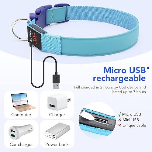 Miniatura 4 de Collar de perro con luces LED, recargable por USB, tamaño ajustable, correas de nailon TPU resistentes, seguridad brillante, collares básicos para