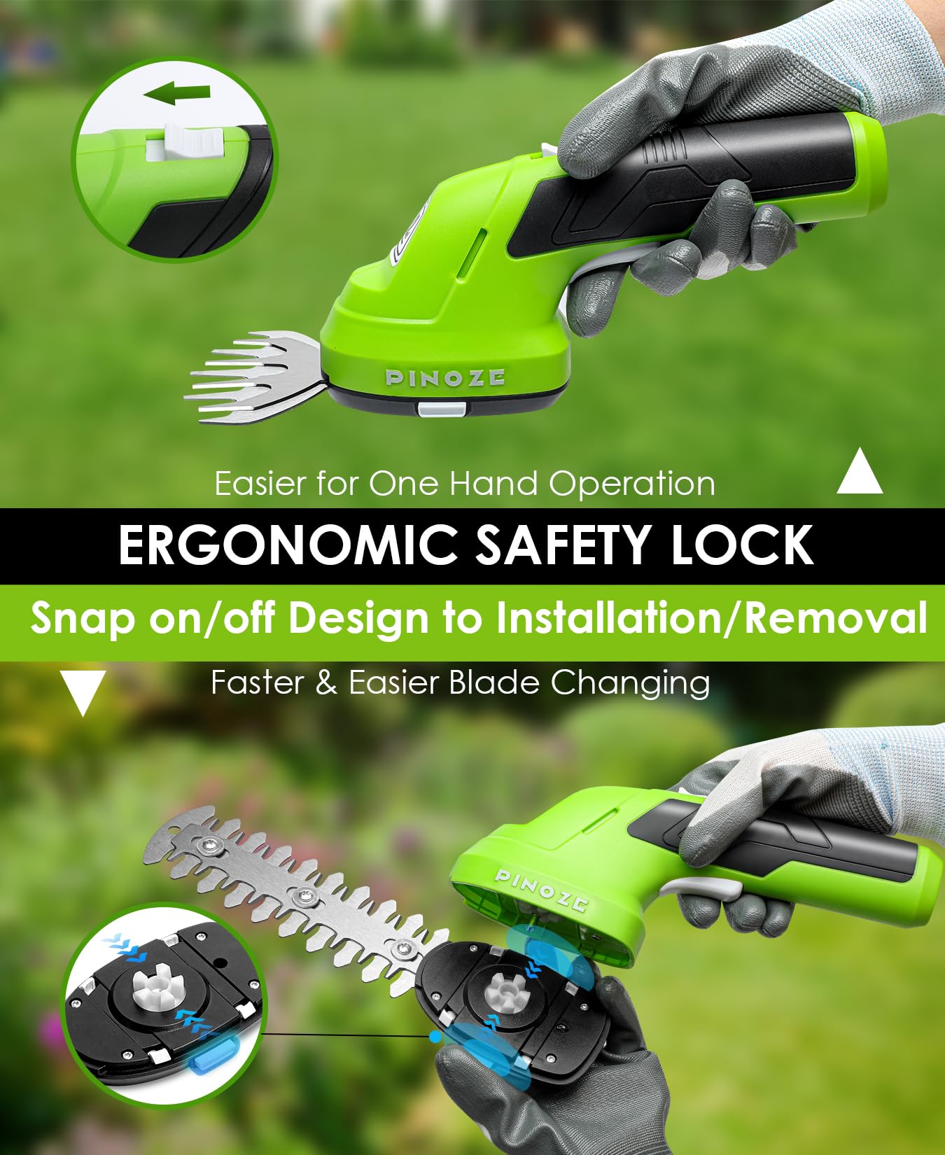 PINOZE Cisaille à gazon et taille-haie sans fil – 2 en 1 portable 7,2 V, petit taille-buisson électrique, 2,0 Ah alimenté par batterie rechargeable pour jardin, cour, entretien de pelouse