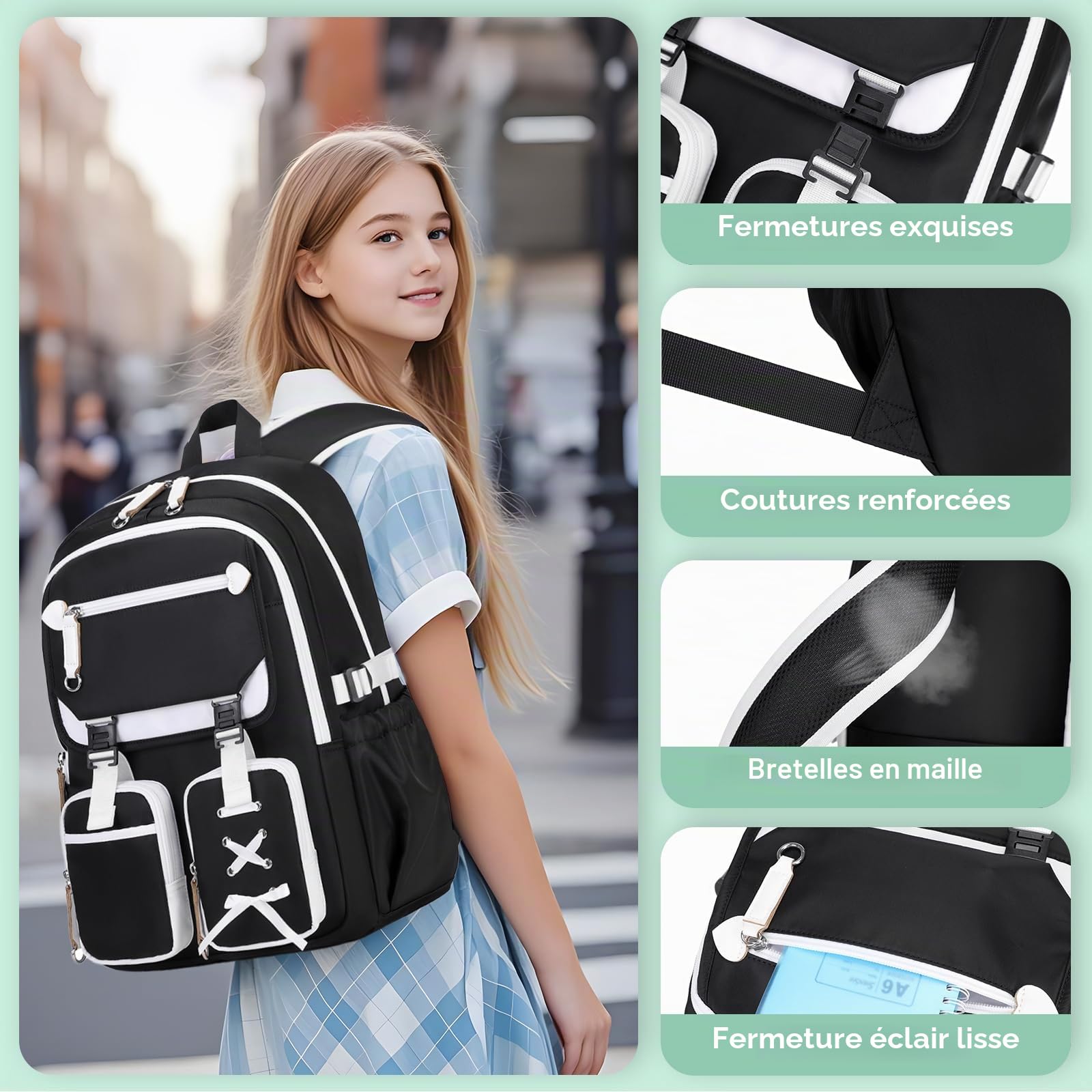 Tanou Cartable Fille Primaire Sac a Dos College, 3 Pièces Sac d'école Décontracté pour Filles avec Sac repas et Trousses, Élégants Cartable Adolescente Casual Daypack