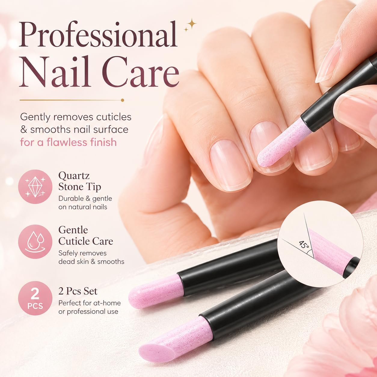 2Pcs Quartz Nail Sanding Stone Pen, Manual Cuticle Remover Tool for Smoothing Nail Polish Application and Removal, Professional Nail Care