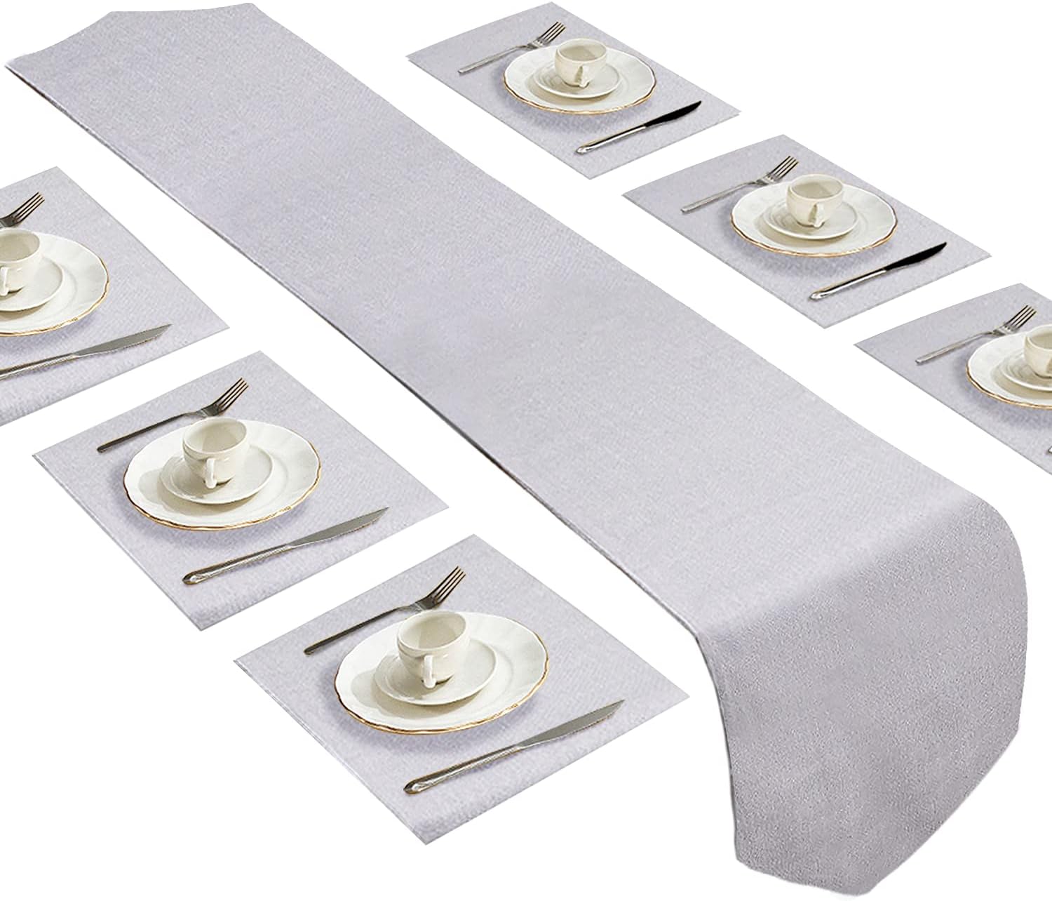 Dubulle Grey Table Runner and Placemats Set of 6 for Kitchen Dining Table Farmhouse Style Thick Cotton Linen Double Layer Heat Resistant Washable Table Runner Place Mats Set