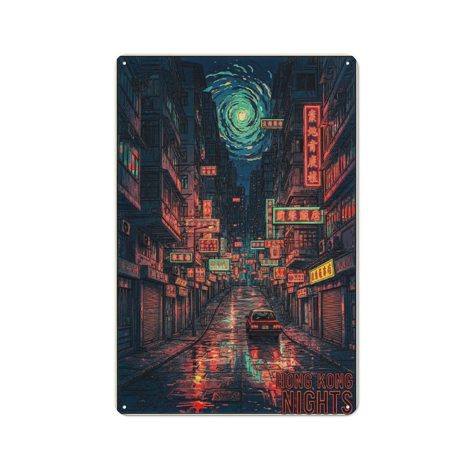Garage Style Hong Kong Nights Neon Street Scene Retro Metal Sign 30x20cm, Workshop Wall Decor for Workshop, Basement, Shed Or Games Room