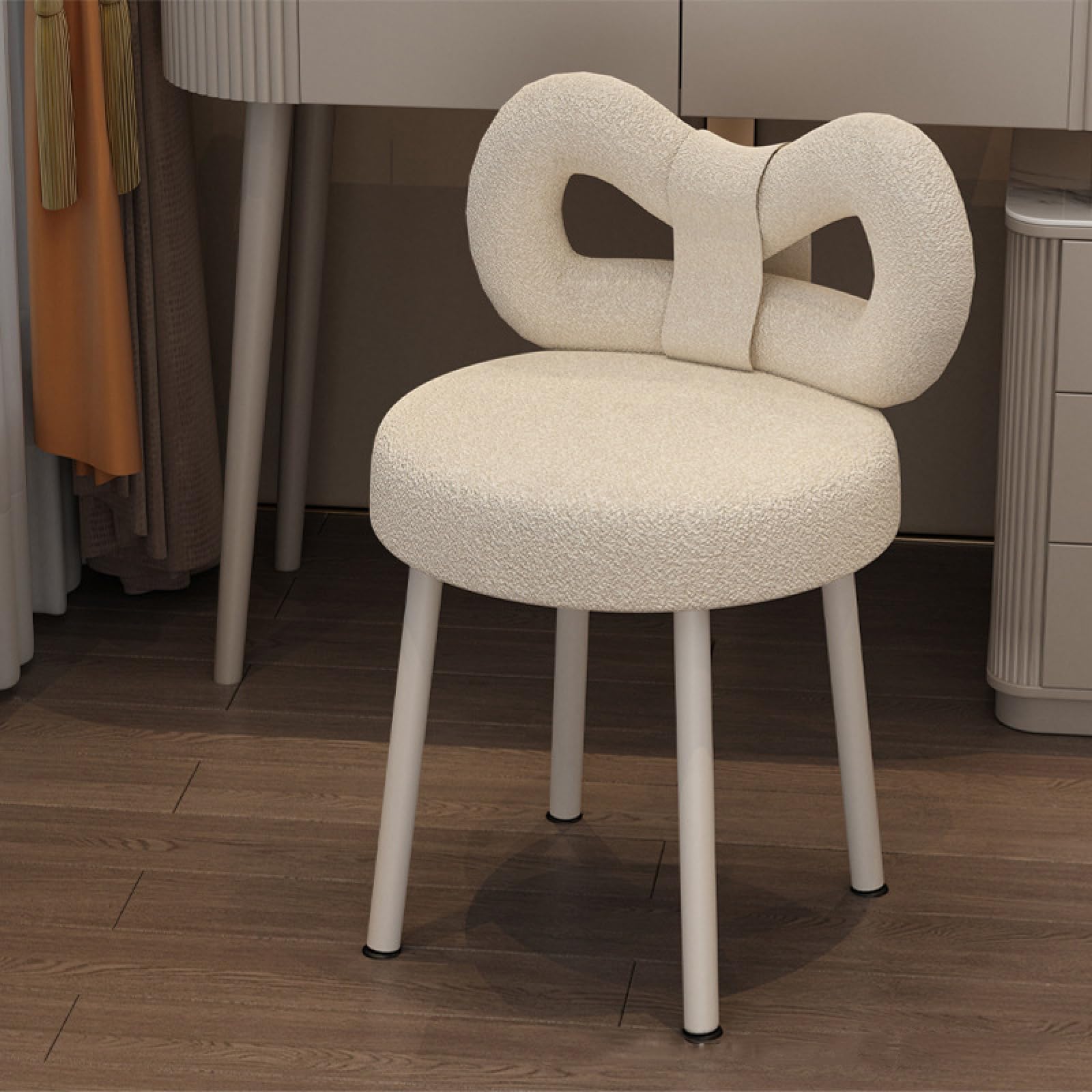 Silla de tocador blanca y taburete tapizado moderno de tela boucle para sala