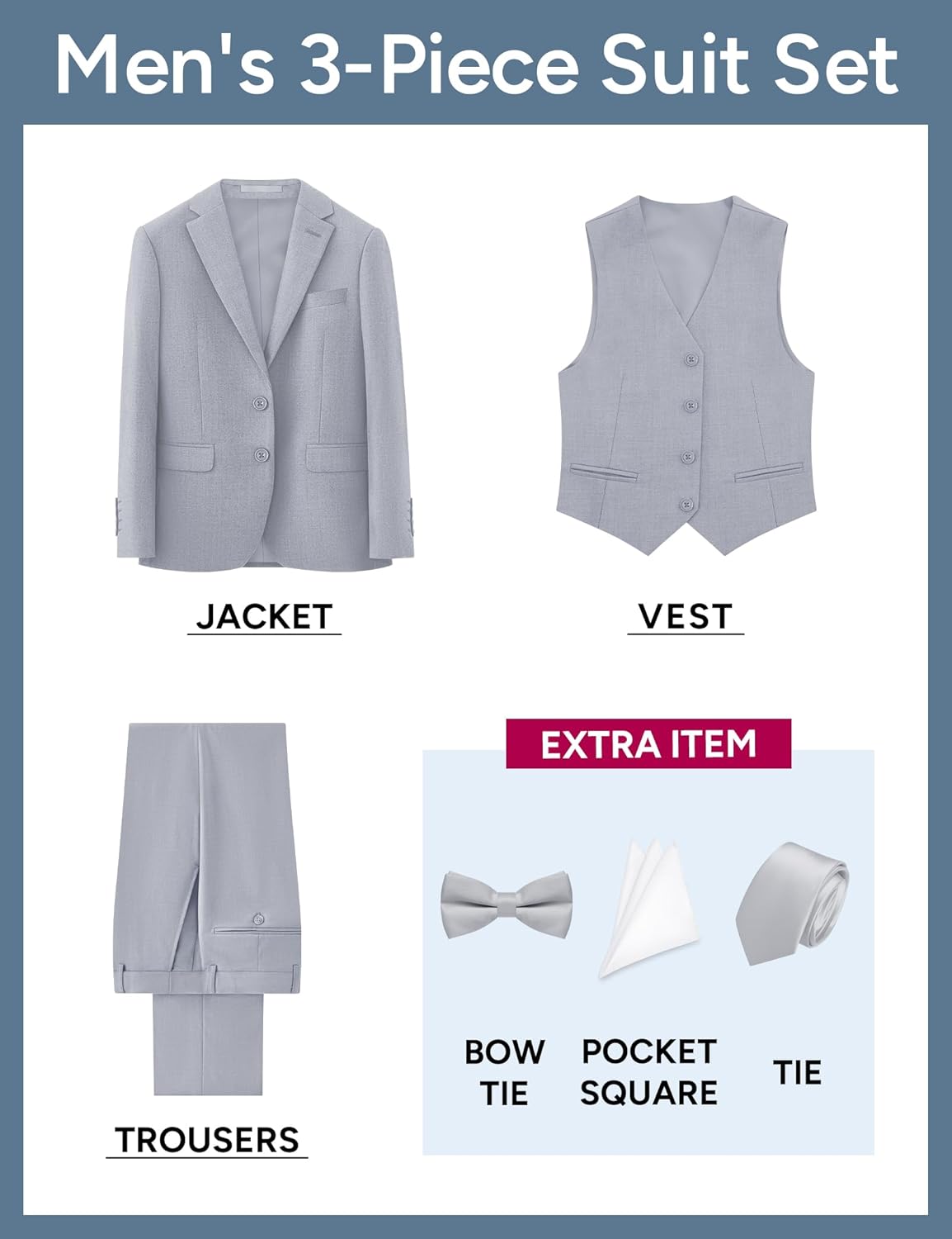 Men's Stretch Slim Fit 5-Piece Suit Set with Blazer, Vest, Pants, Bow Tie, Necktie and Pocket Square - Image 2