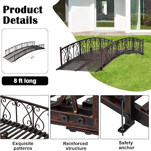 Miniatura 6 de kinbor Puente de jardín  Puentes arqueados de metal de 8 pies con rieles laterales con patrones de seguridad, puente de estanque decorativo al aire