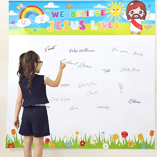 Miniatura 3 de Outus Póster de autógrafo de Jesús vive para Pascua, 6 x 6 pies, póster religioso de Pascua con texto en inglés "We Believe Jesus Lives" para