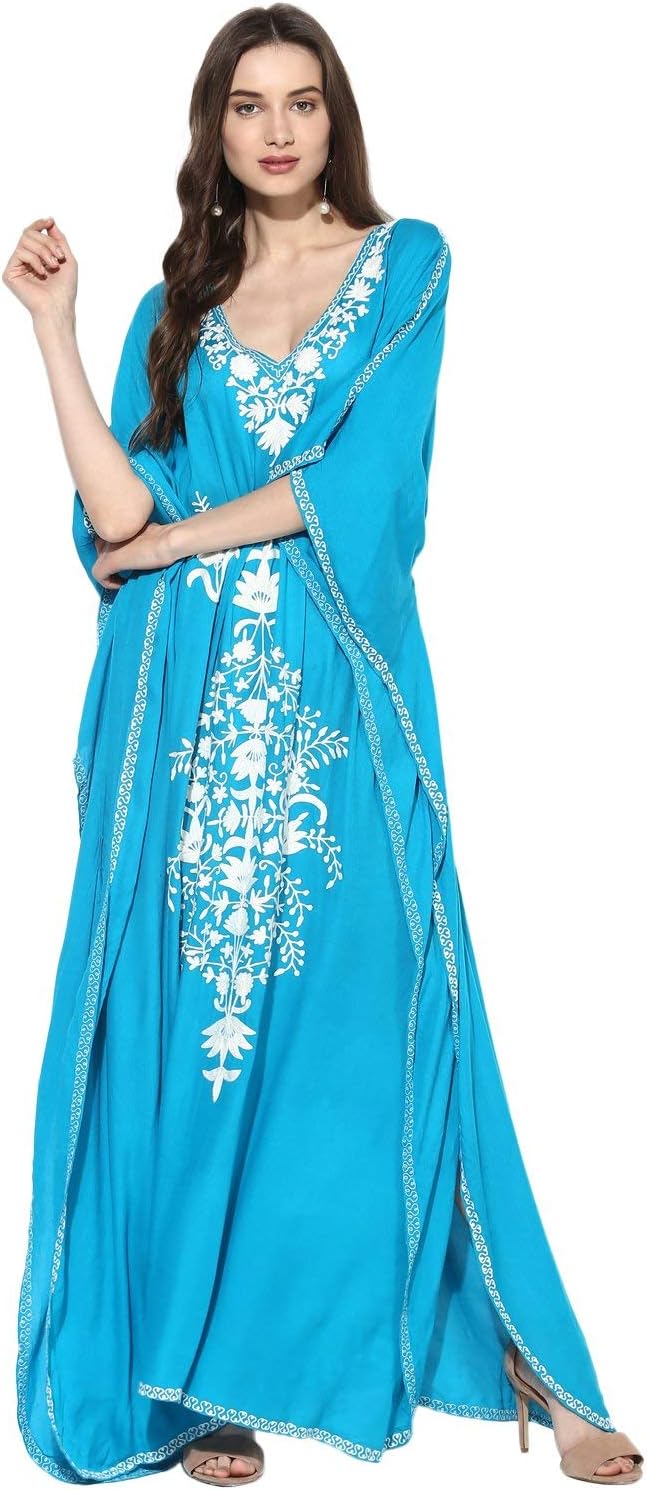 CRAFTBAZARWomen's Boho Embroidered Blue Kaftan (Size-XL)