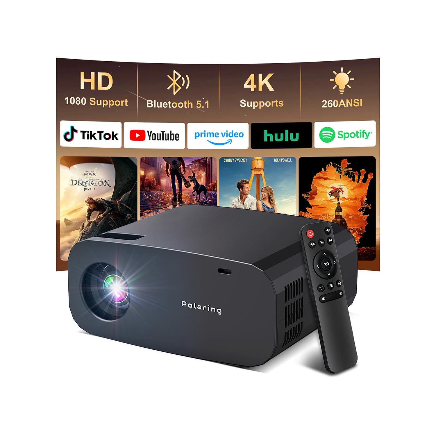 Mini Projector with WiFi and Bluetooth,4K 1080P Support Portable Projector,Built-in Apps,Android 13,Auto Keystone Correction,260 ANSI,32"-150"Screen