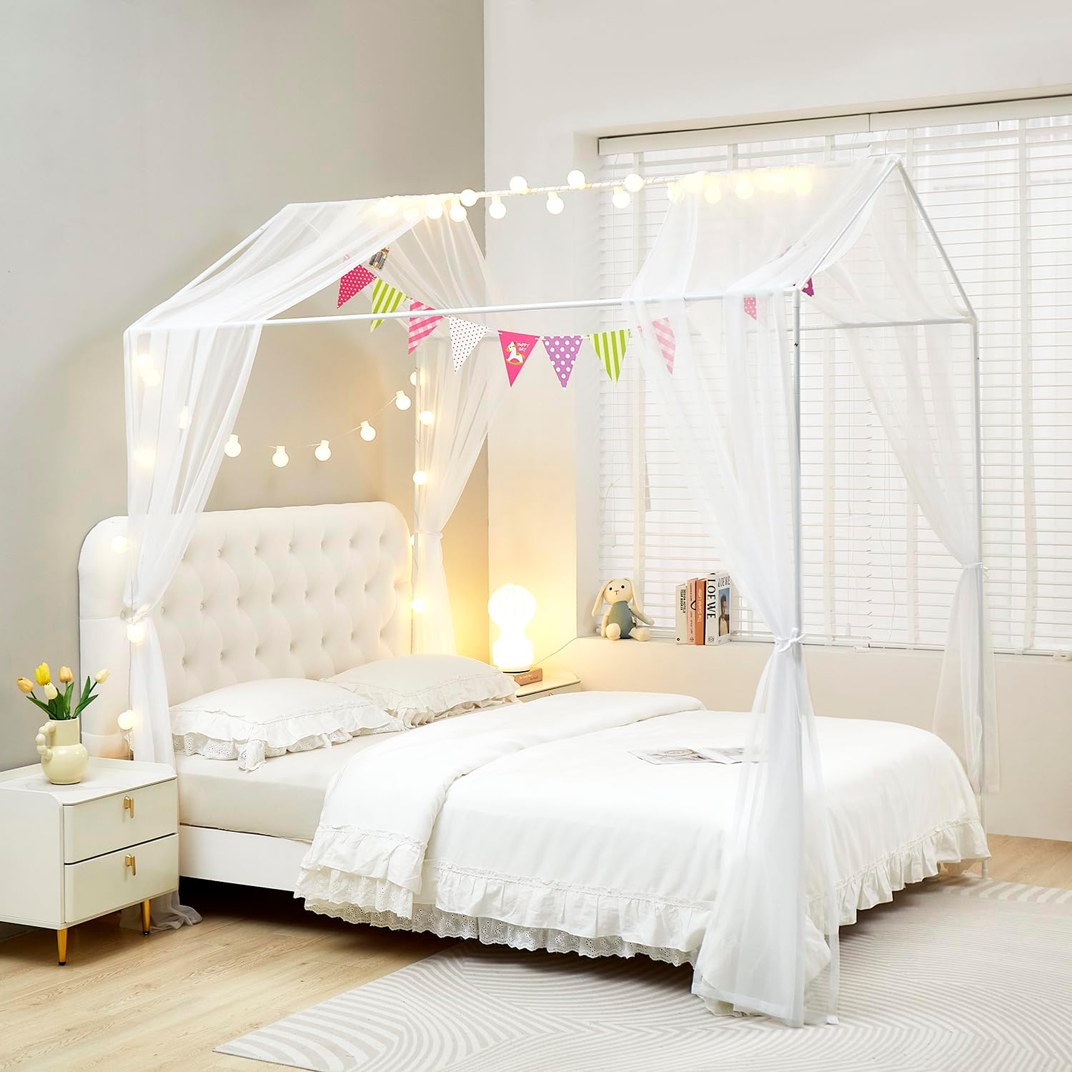 Mengersi House Bed Canopy Bed Curtains with Lights,Montessori Floor Bed Canopy for Girls Boys,Four Poster Bed Curtains House Bed Decoration (Twin/Twin XL, White)