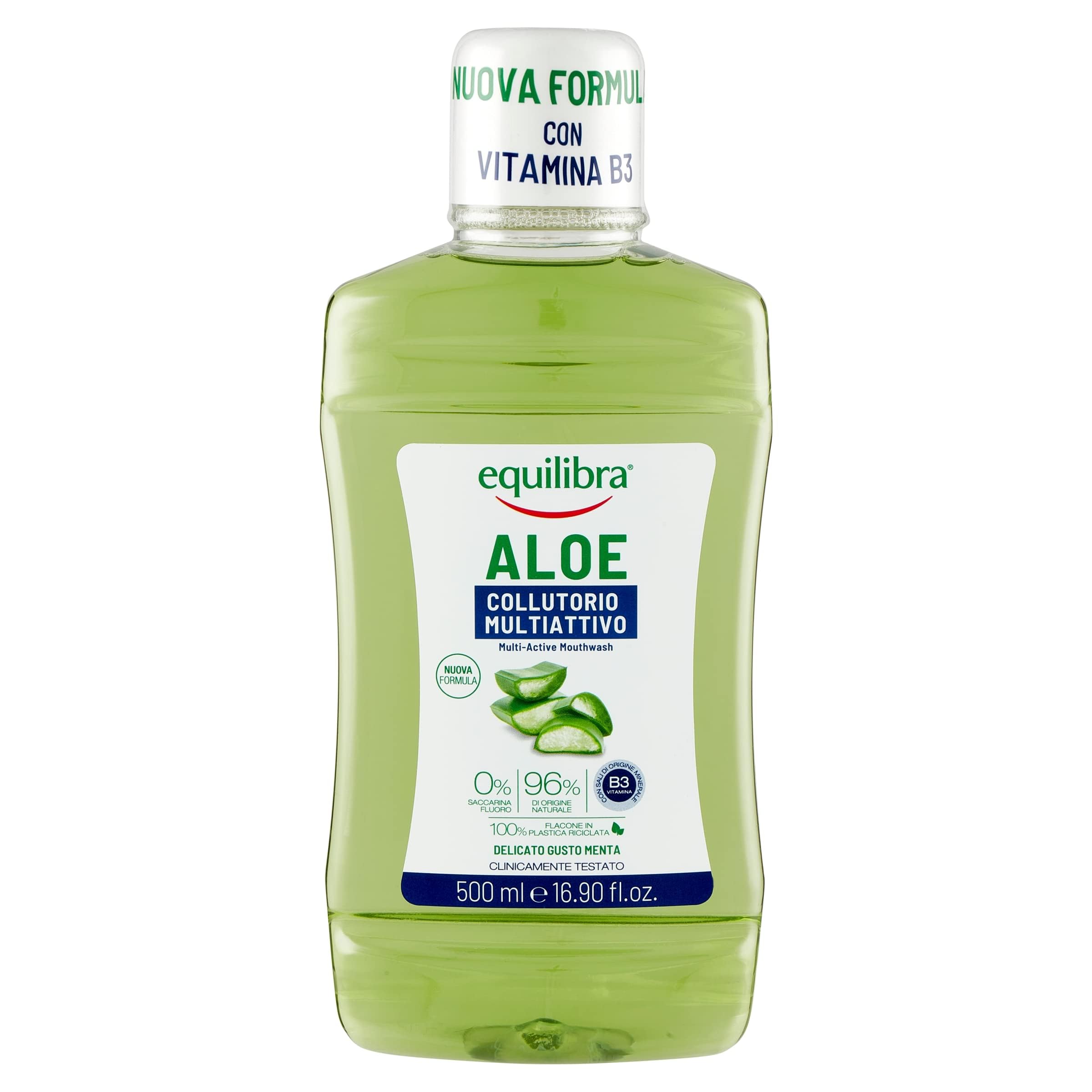 Equilibra Igiene Dentale, Aloe Collutorio Tripla Azione, Collutorio a Base di Aloe Vera, Svolge un'Azione Lentiva e Protegge dai Batteri, Contrasta Carie, Tartaro e Disturbi Gengivali, 500 ml"