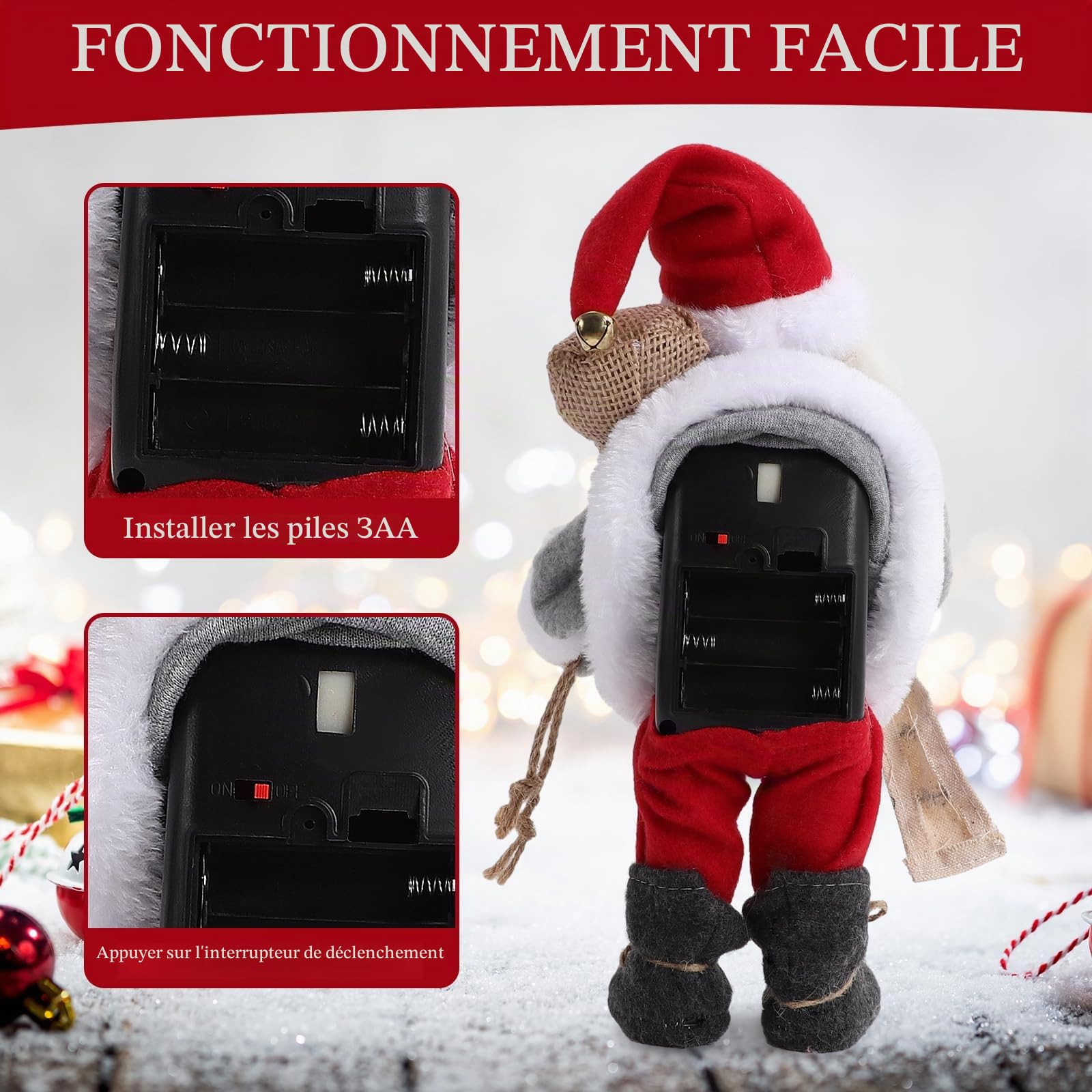 Gfilay Père Noël animé avec Musique et Bras Mobiles | Figurine de Père Noël musical tenant un livre et un sac de cadeaux, décoration de Noël pour intérieur