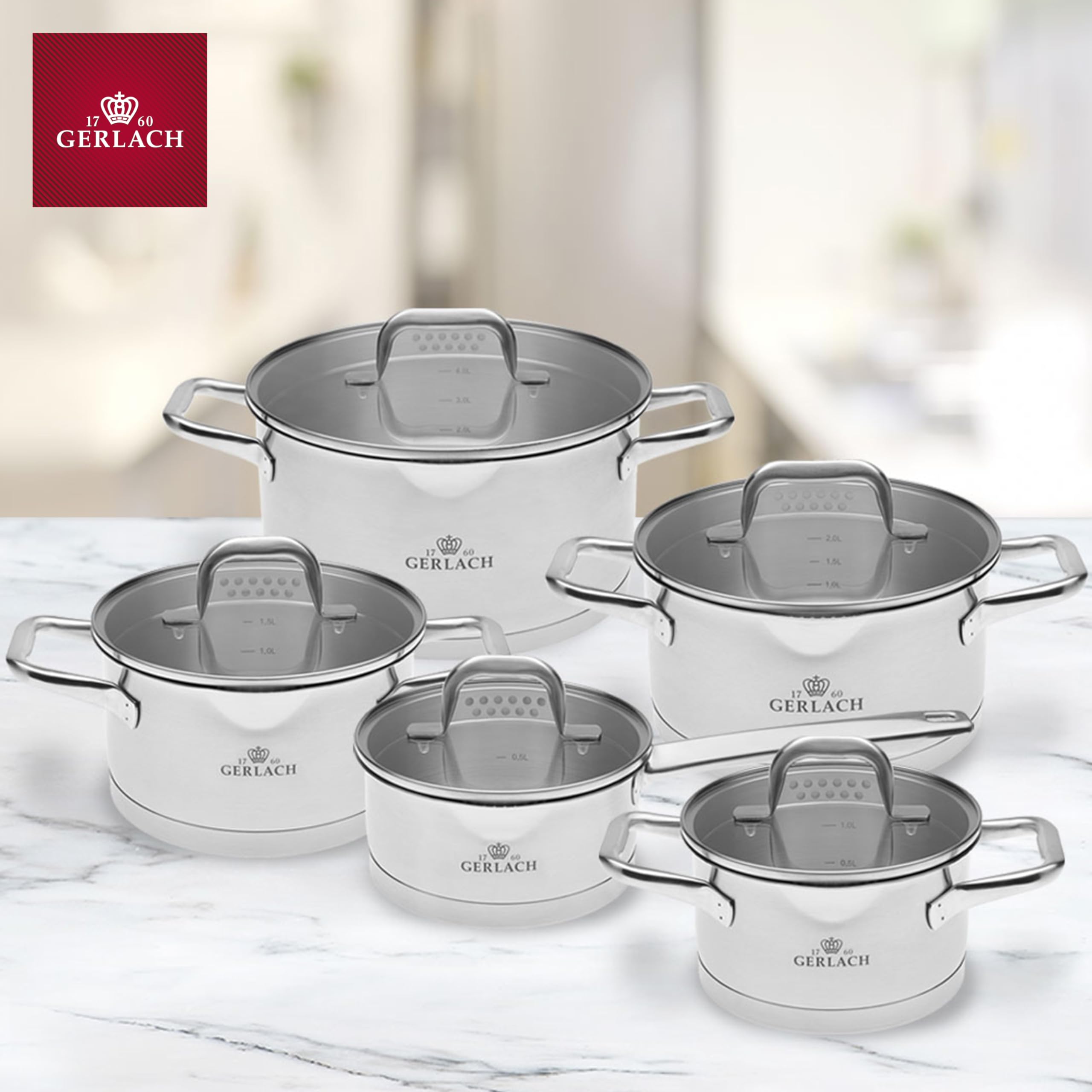 Gerlach Modello, set di pentole in acciaio inox, per induzione, set di pentole a induzione, 5 pezzi