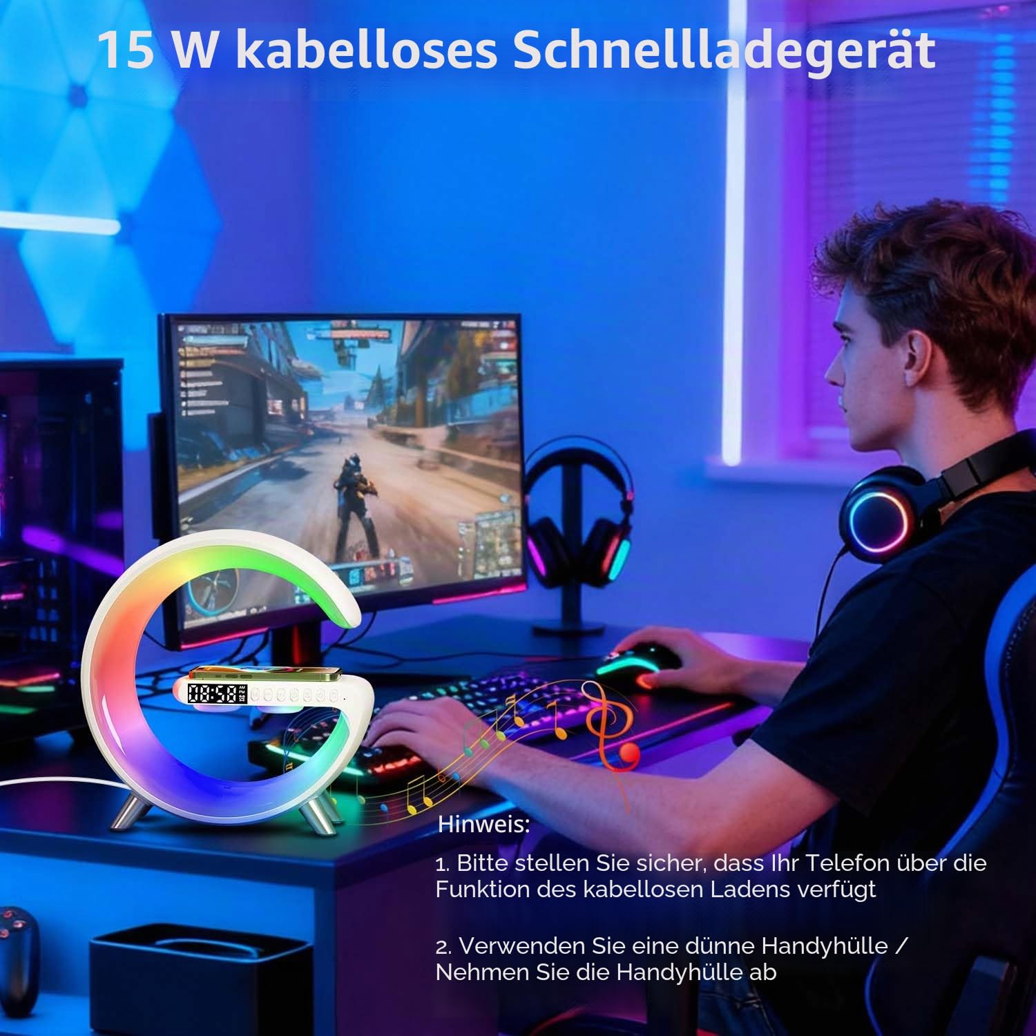 Kabelloses Ladegerät Atmosphäre Lampe, Mini Wireless Lautsprecher Lampe mit Wecker, Bluetooth Lautsprecher mit Atmosphäre Licht, Nachttischlampe Geschenke für Wohnkultur, Schlafzimmer (9-Tasten-mit