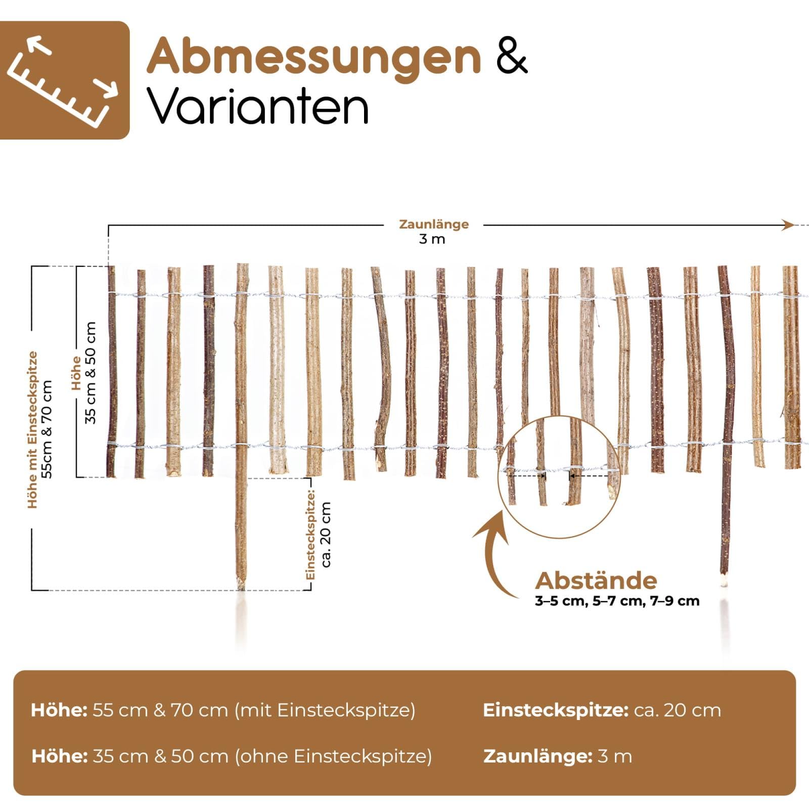 BOOGARDI Mini Gartenzaun Holz · Staketenzaun in 6 Größen · Beeteinfassung 50 cm hoch x 300 cm lang (Lattenabstand 7-9cm) · Garten Beetumrandung Steckzaun · Kleiner Zaun zum Stecken