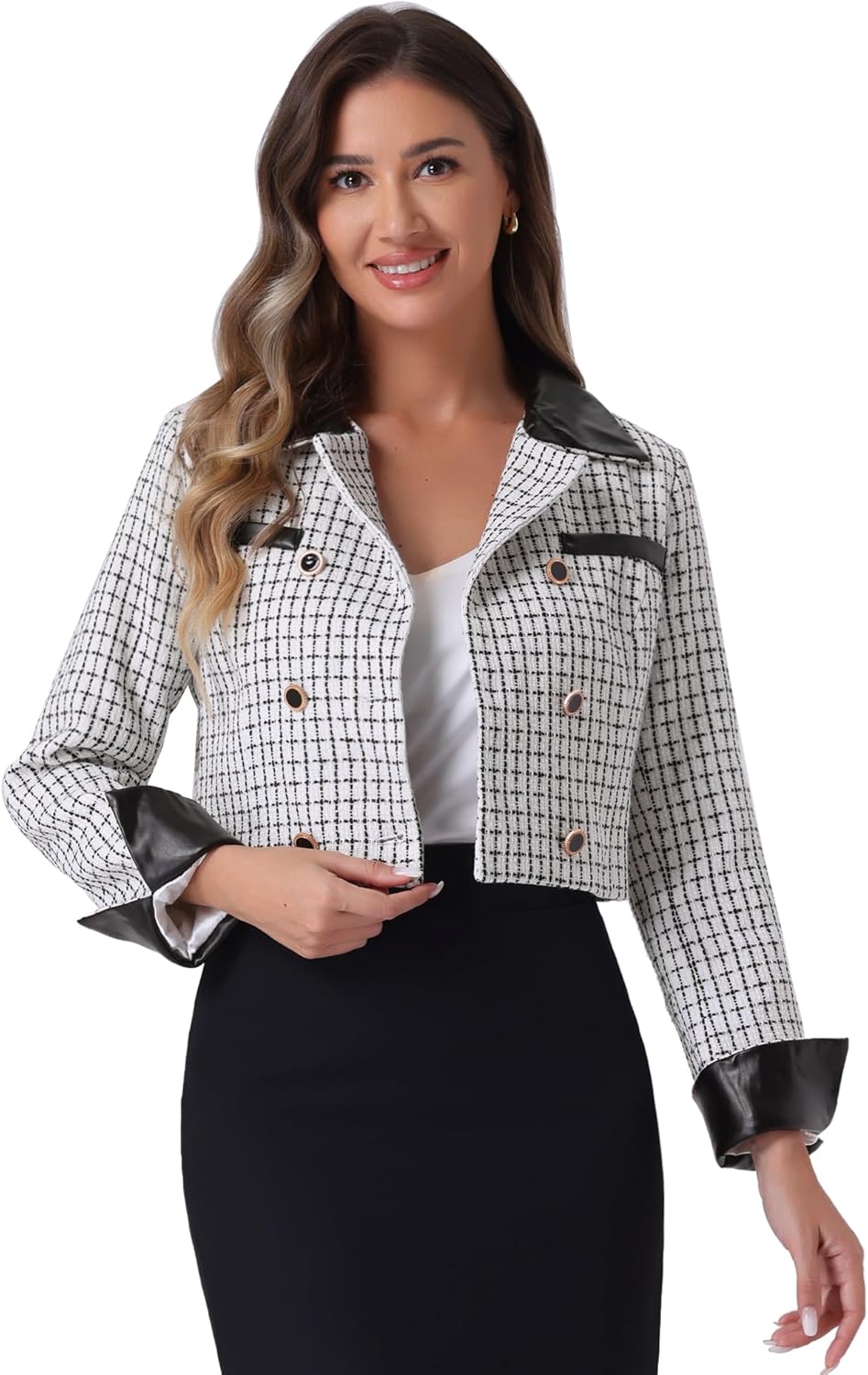 Allegra K Tweed Plaid Blazer for Women's Contrast Collar Double Breasted Vintage Cropped Jackets