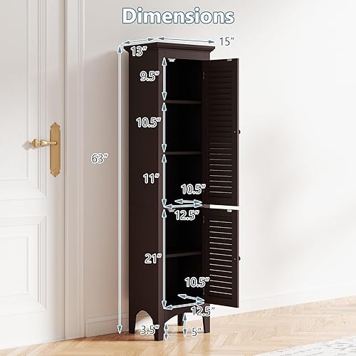 Miniatura 3 de Giantex Gabinete de almacenamiento alto para baño, gabinete de piso estrecho independiente con puertas, estantes de 5 niveles (1 altura ajustable),