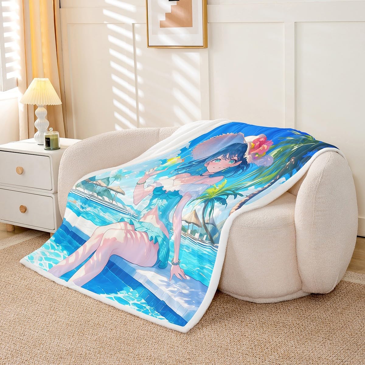 Hawaii Girl Flannel Fleece Blanket,Japanese Style Kawaii Princess Super Soft Blanket for Sofa Couch,Summer Swimming Pool Tropical Palm Trees Blue Sky Bed Blanket for Bedroom,Twin 60"x80"