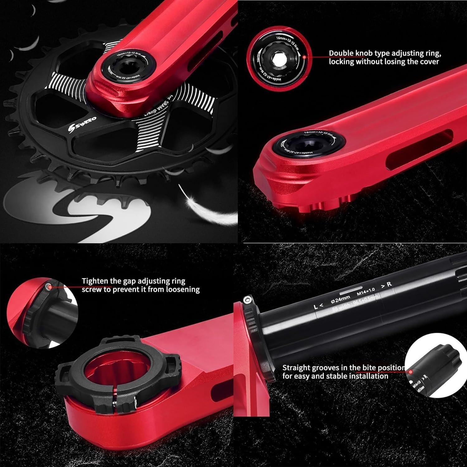 Guarnitura per Bicicletta da 170 mm, in Lega di Alluminio, Cava e Integrata, con 32T/34T/36T/38T e bulloni per Corona, Adatta alla Maggior Parte delle Biciclette.