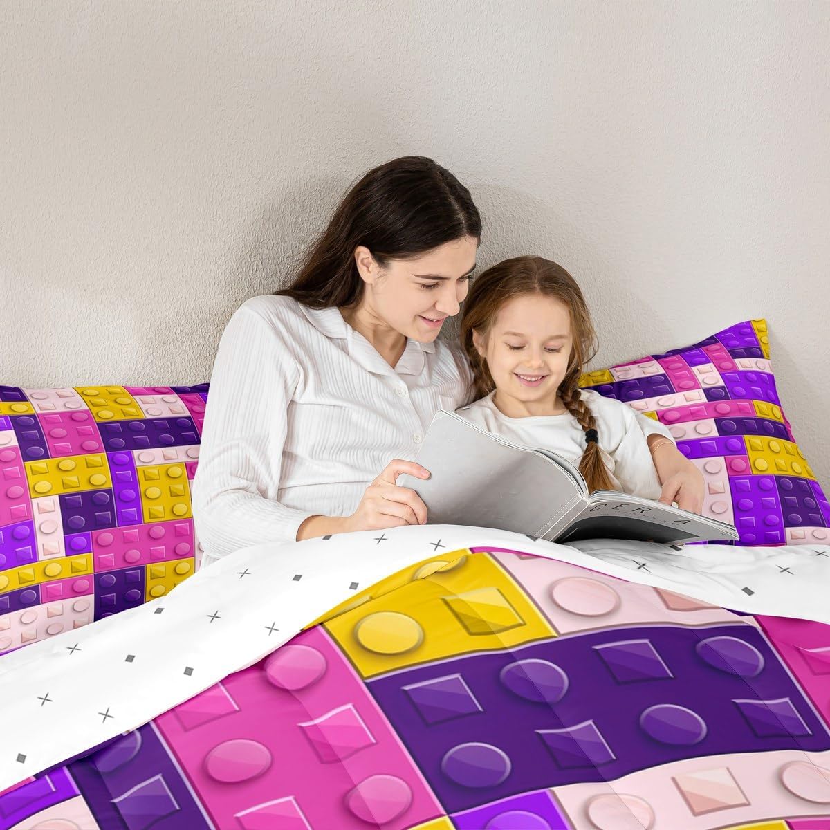 Feelyou Colorful Toy Bedding Set Teen Women Men Funny Building Blocks Decor Comforter Set Toddler Size Kids Boys Girls Purple Yellow Geometric Brick Duvet Insert Cute Games Room Decor