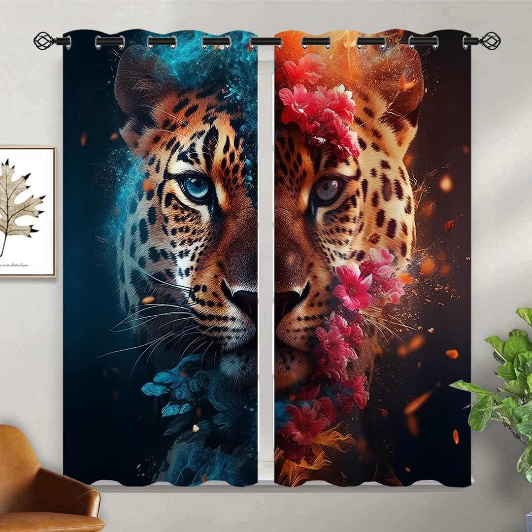 Leopard Blackout Curtains for Girls Boy Home Decor, 3D Cheetah African Animal Flower Flame Ice Grommet Thermal Insulated Drapes Darkening Window Curtain for Bedroom Living Room, 42 x 45 Inch