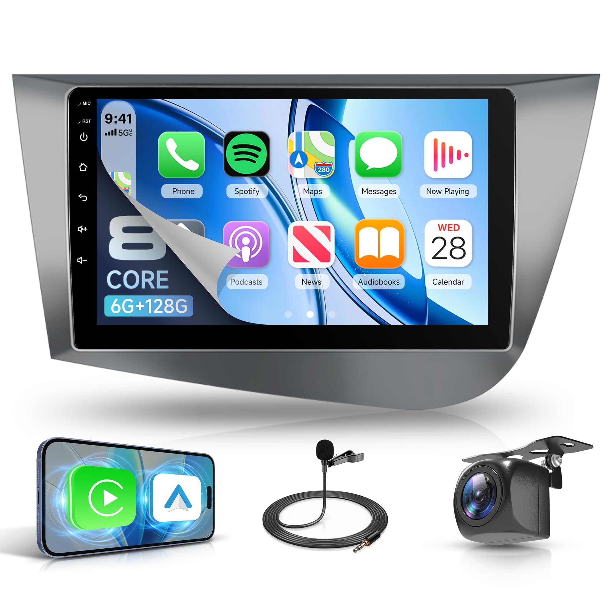 6G+128G 8 Core Android Radio de Coche para Seat Leon 2 MK2 2005-2012, 9" Pantalla Radio con Carplay Android Auto Inalámbrico Bluetooth FM/RDS/EQ/DSP WiFi GPS Panorámico de 360° Cámara Trasera
