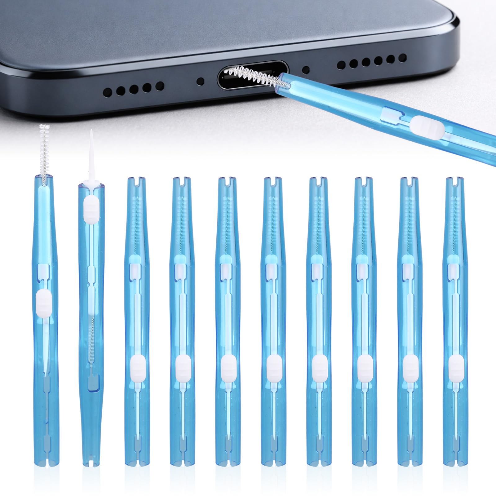 10pcs Phone Cleaning Kit, Cellphone Charging Port Cleaner Brush with Nylon Bristles & Hook Double-Sided USB-C Port Cleaner Tools for Headphones Speaker Charger (Blue)