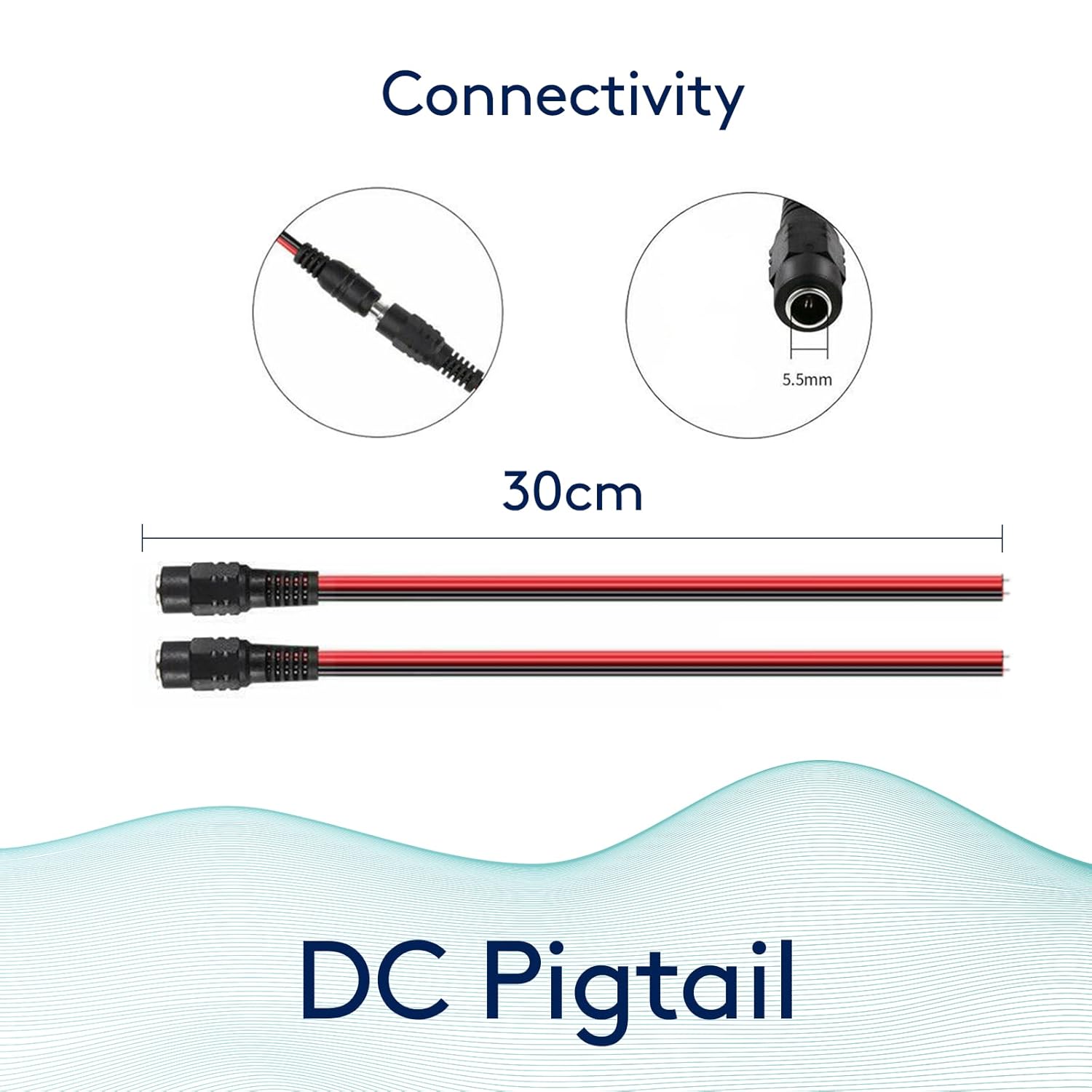 GESS Technologies 60 Pack DC Power Pigtail Cable Wire Plug Female 18AWG Pure Copper 2.1mm 12V 5A Connector for Security CCTV Surveillance System Camera and Lighting Power Adapter
