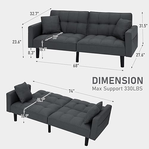 Miniatura 12 de AVAWING 74" Faux Leather Futon Sofa Bed with Adjustable Backrest 3 in 1 Convertible Futon Couch with 2 Square Pillows & Side Pockets Modern Loveseat