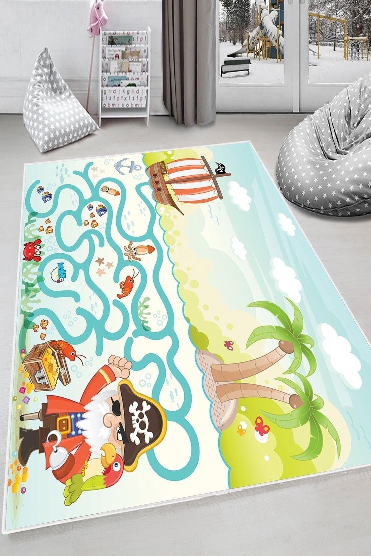 Pelangi Mavi Korsan Ve Hazine Desenli Yıkanabilir Kaymaz Taban Leke Tutmazbebek Ve Çocuk Odası Halısı, Yeşil-Mavi 80 x 500, 90135706980500