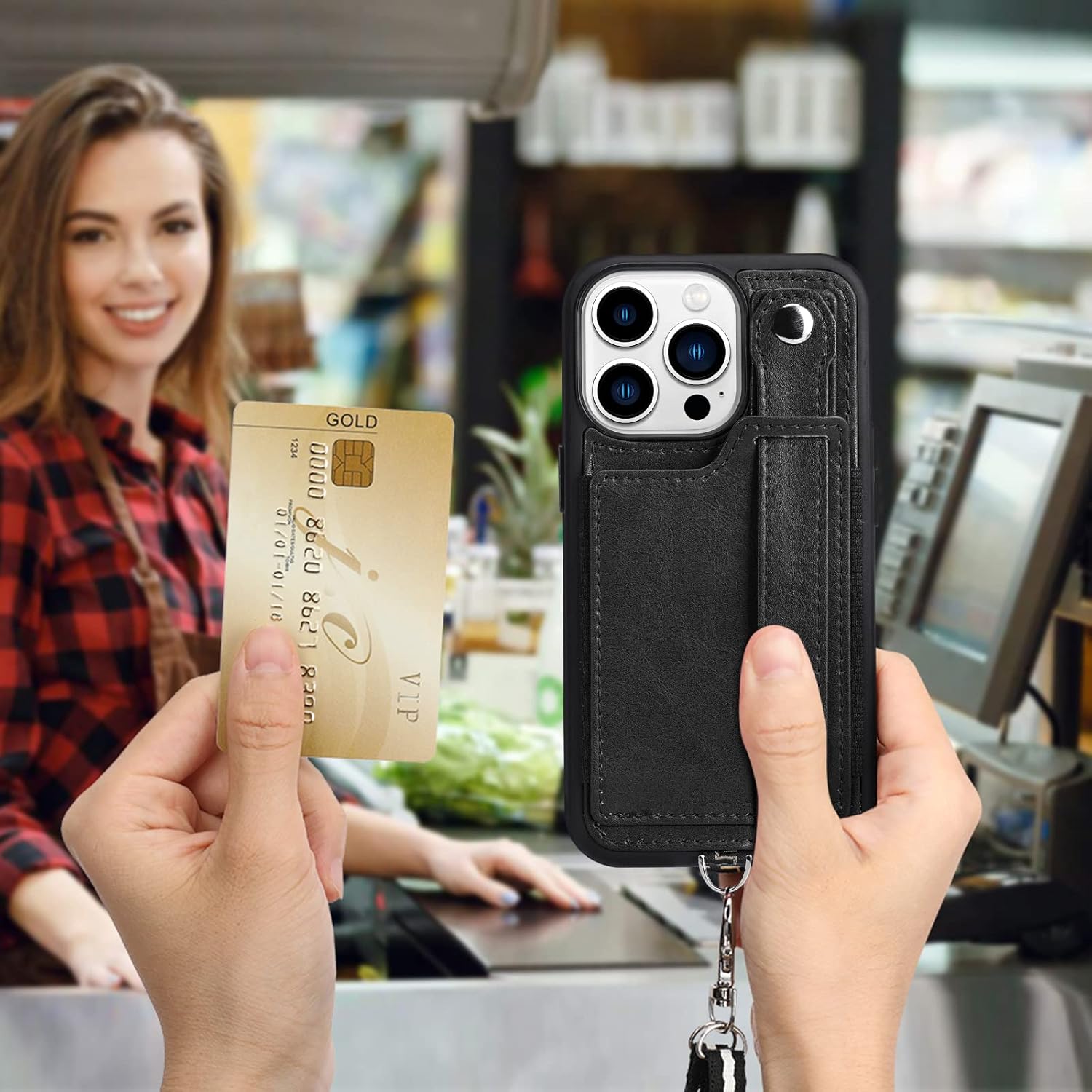 TOOVREN Wallet Case for iPhone 14 Pro Max with Card Holder Lanyard Phone Cover fits iPhone 14 Pro Max Case with Wallet Strap Stand Leather Kickstand for Women & Men 6.7 Inch Black - Image 6