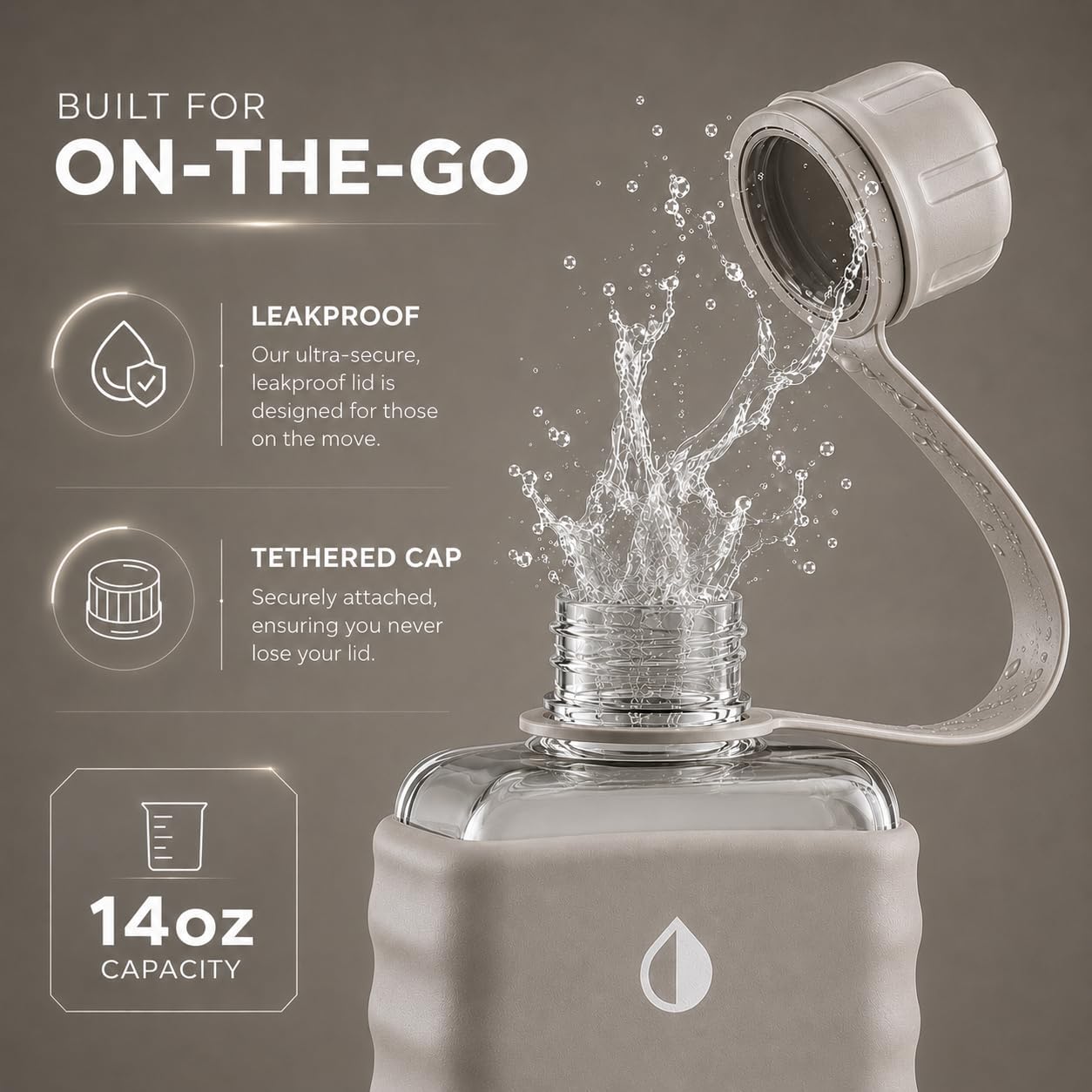 Tritan Flat Water Bottle with SIlicone Case, Square Water Bottle For Travel, Bags, and Purses, Slim Lightweight Leakproof (Slate Grey, 14 oz) image 3