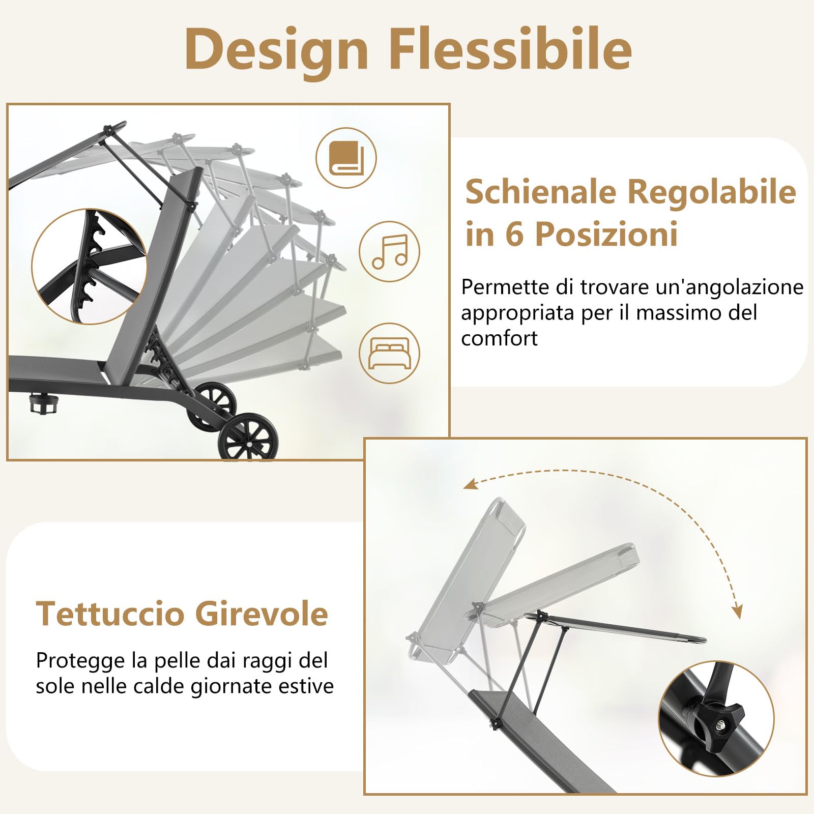 GYMAX Lettino Prendisole da Giardino, Sedia a Sdraio con Schienale Regolabile e Protezione Solare, Lettino da Giardino Salvaspazio con Ruote e Portabicchieri, Terrazza e Spiaggia (Grigio)