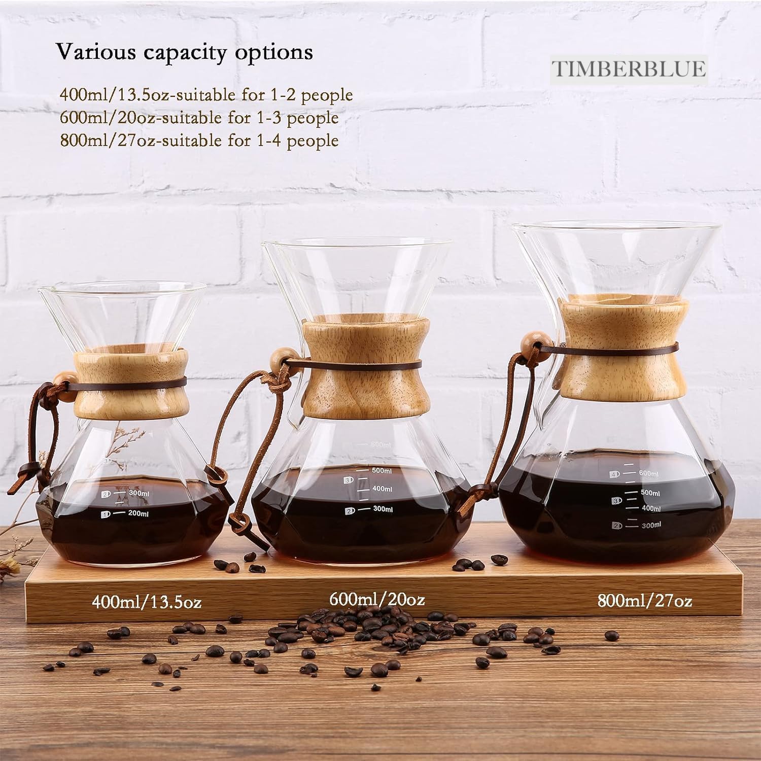 Pour Over Coffee Maker, with Reusable Stainless Steel Filter, Borosilicate Glass Coffee Jug, Wood Collar, Coffee Infuser Holds 2 Cups, 13.5oz/400ml, Clear