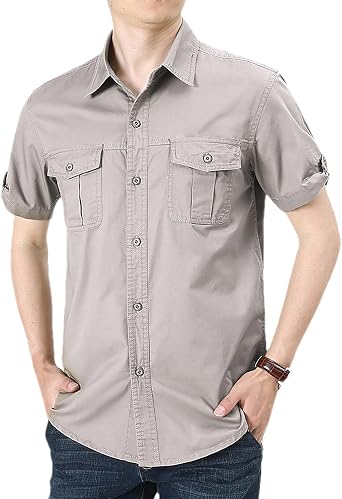 Mens Short Sleeve Work Shirt Regular Fit Button Down Outdoor Summer Cargo Shirts