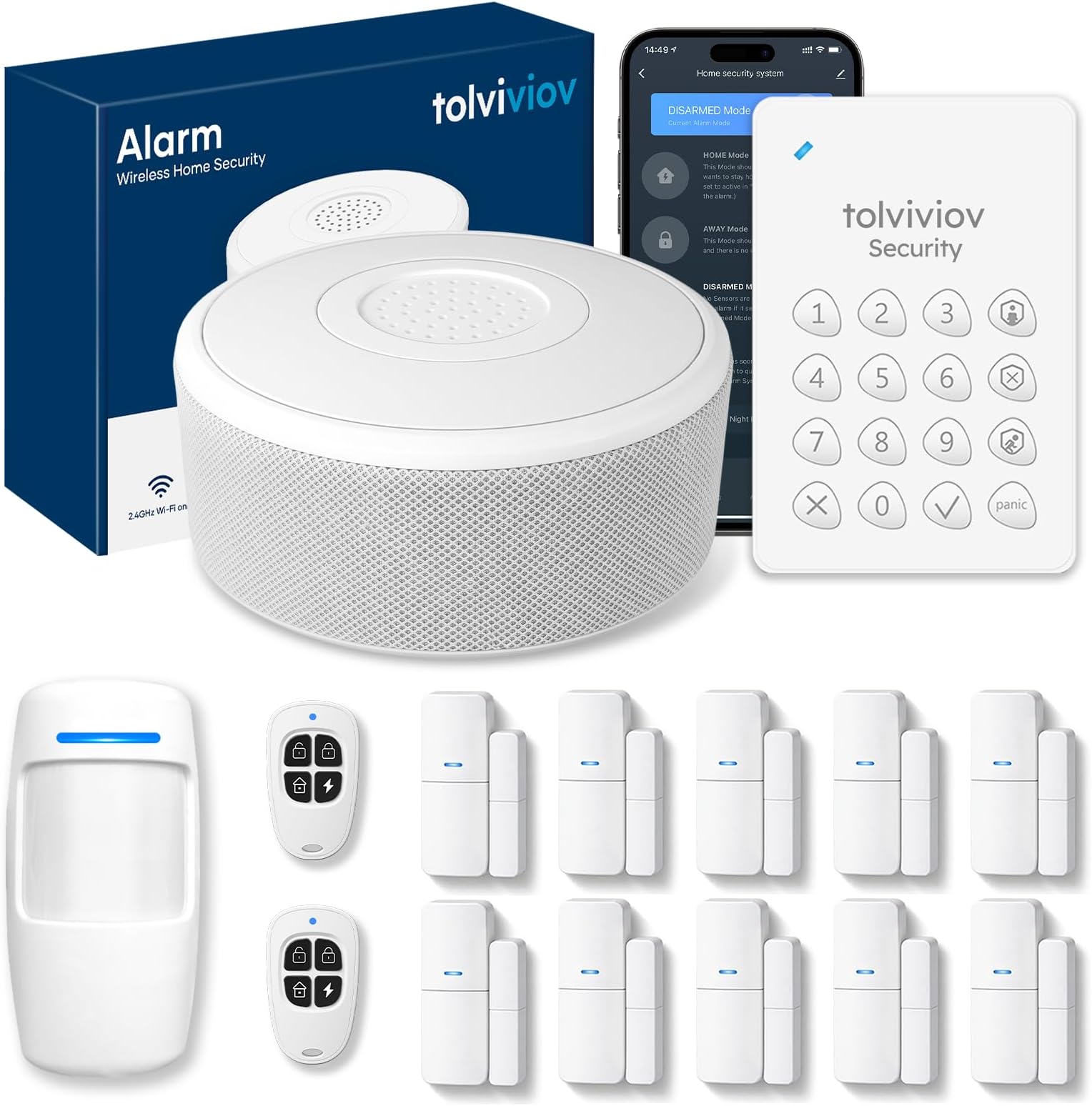 tolviviov Alarm System for Home Security, DIY Door Alarm Security Systems, Smart App Alerts, 15Piece Kit, No Monthly fee, WiFi Alarm, Door Window Motion Sensor, for Home Security, and Kids Safety