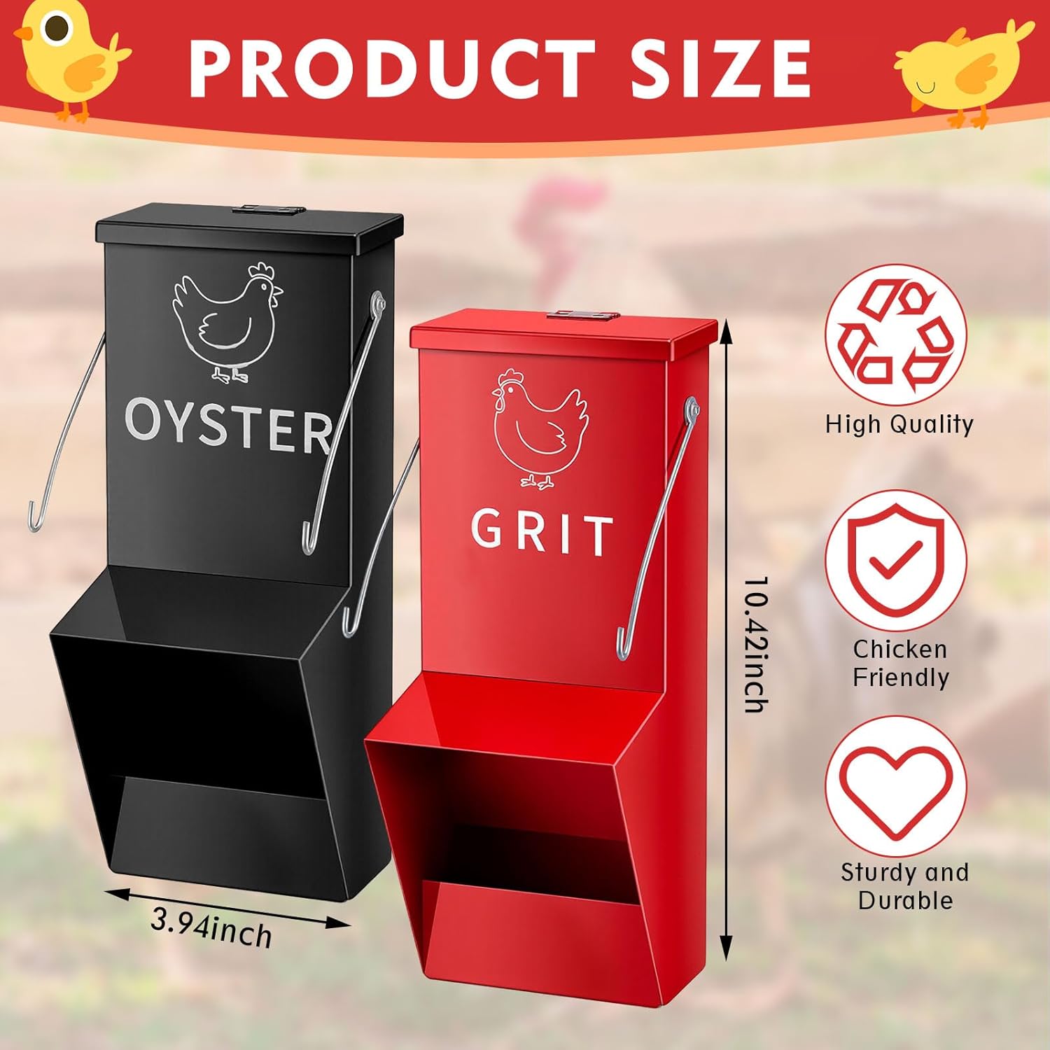 Leinuosen 2 Pack Metal Chicken Oyster Shell and Grit Feeder with Lid and Hook Hanging Mountable Chicken Feeder Trough Automatic Gravity Poultry Coop Accessories Water Dispenser for Chicks, Ducks, Hens