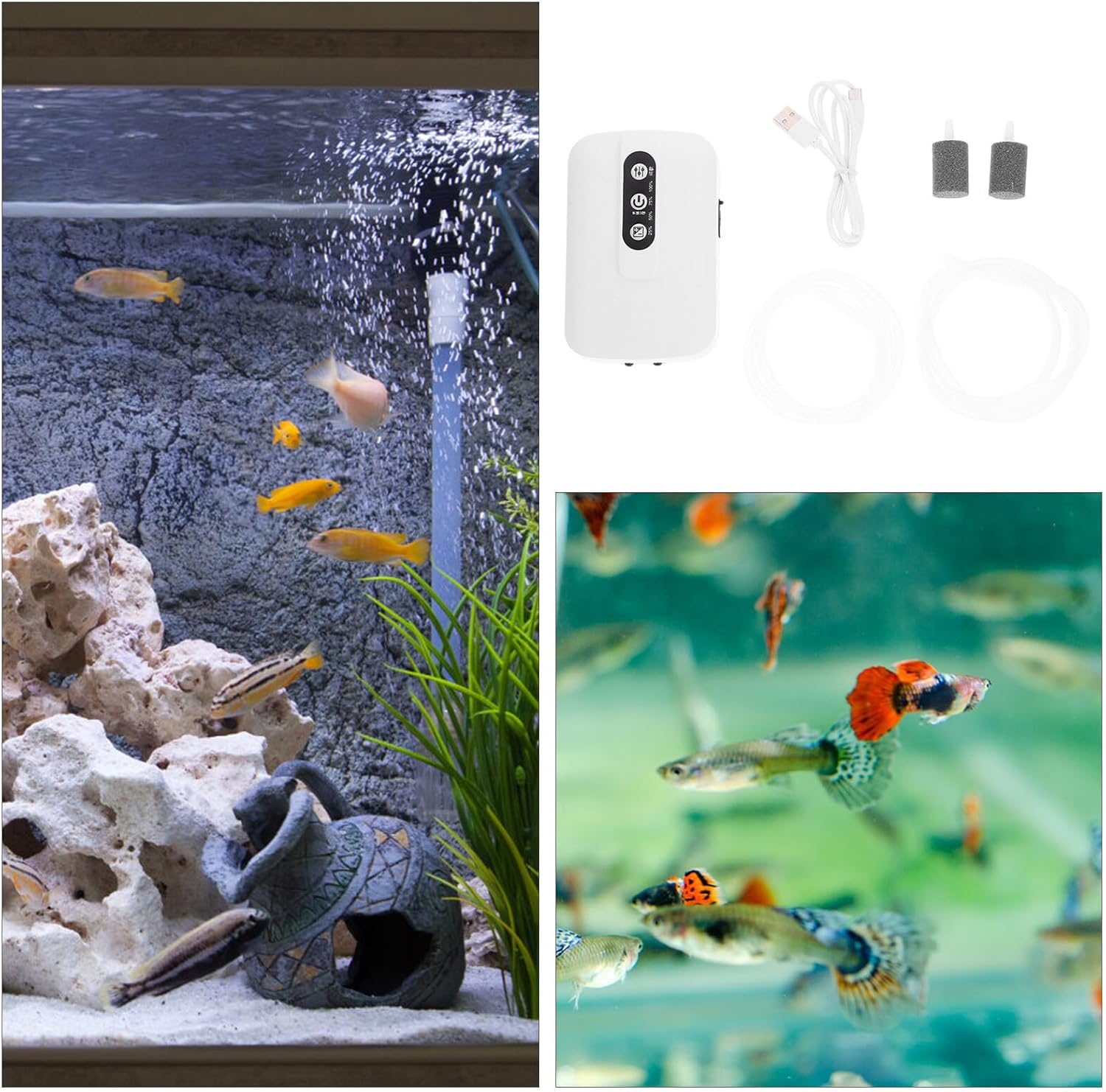 Rechargeable USB Aquarium Air Pump Dual Outlet Adjustable Oxygen Pump for Fish Tank Aeration Battery Powered Oxygen Supply for Home and Outdoor Use