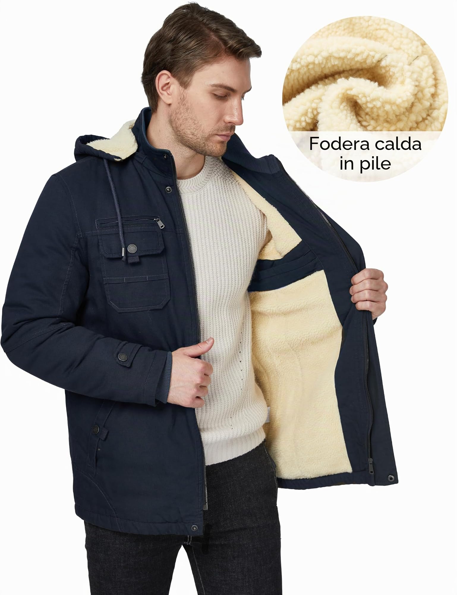 WenVen Cappotto Militare Uomo Invernale Caldo Antivento Esterno | Caldo, Fodera Spessa, Antivento, Imbottita, Isolante,Media Lunga,Cappuccio Rimovibile,Giacca Sportiva,Outdoor, Mezza Stagione