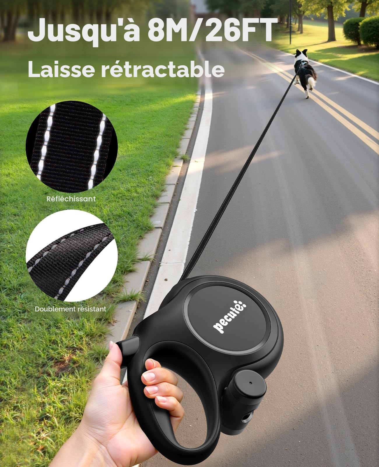 Pecute Laisse Chien Enrouleur, New Classic Laisse Enrouleur 8m, Fonction Anti-Morsure, avec Un Boutton S'arrêter Bloquer Jusqu'à 50Kg pour Moyen et Grand Chiens, Noir