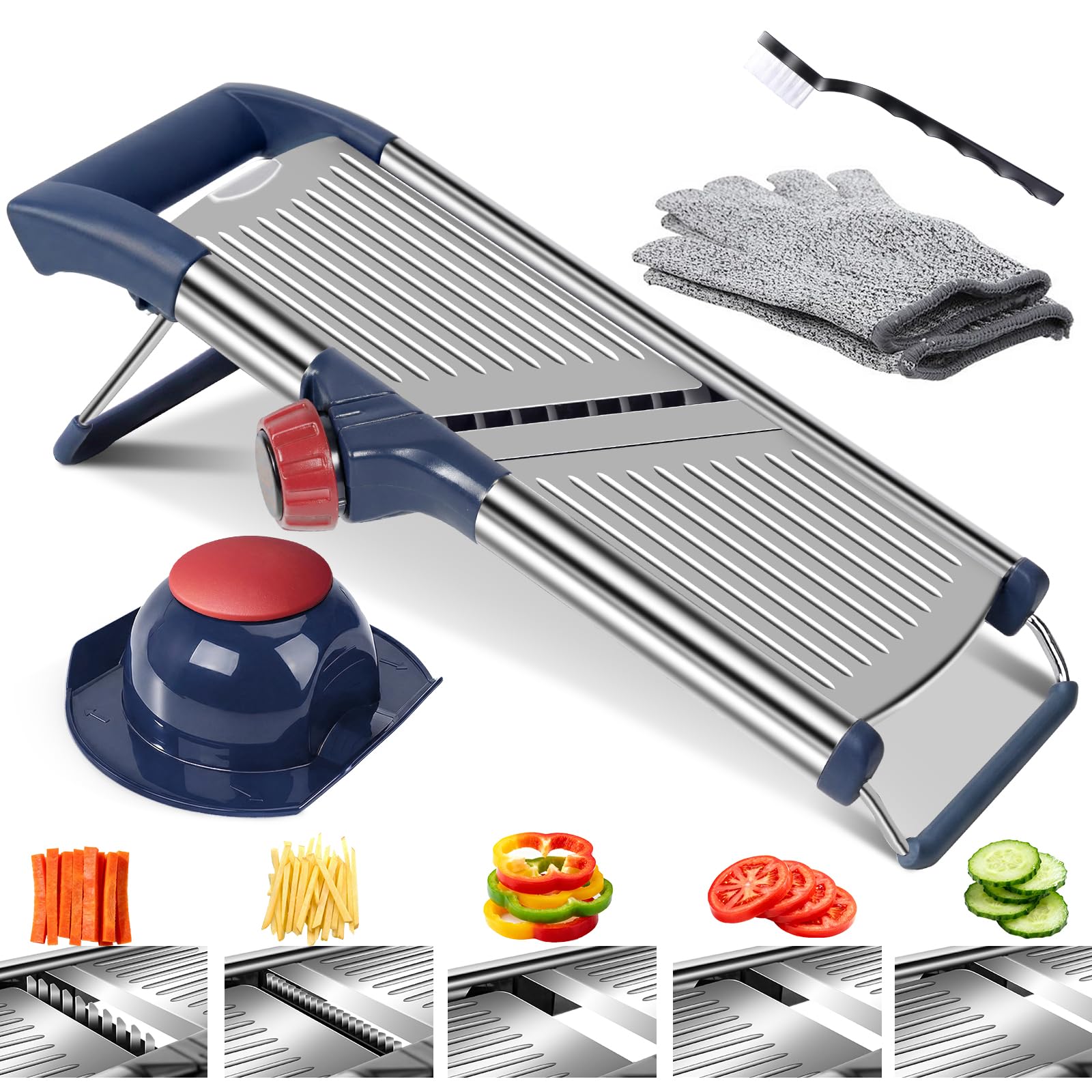 Masthome 5-in-1 Adjustable Mandoline Slicer, Stainless Steel Vegetable Slicer with Cut Resistant Glove, Food Pusher & Cleaning Brush, Foldable Food Cutter for Potato Onion Cucumber, Dishwasher Safe