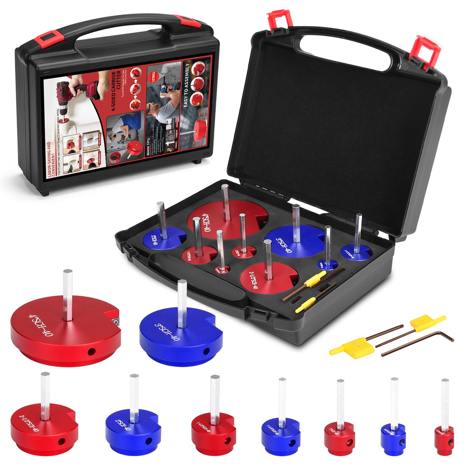 9 PCS PVC Pipe Reamer Kit, Fitting Saver Contains 1/2",3/4'', 1'',1-1/4",1-1/2'',2'', 2-1/2", 3'', 4'' Head Reamers, Plumbing Tools for Standard 1/2" Drills,Suit for PVC,CPVC, PP, PE and ABS Pipes
