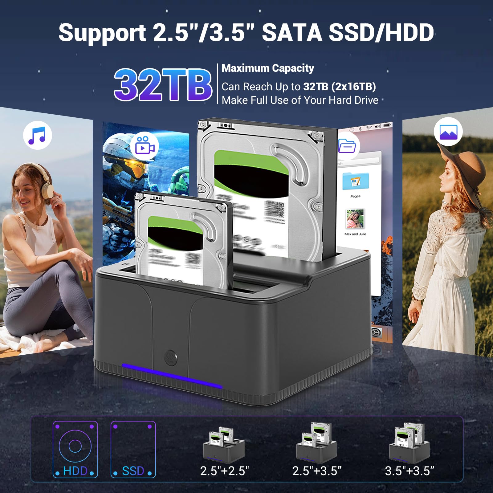 HDD Docking Station, USB3.0 Station d'accueil pour Disque Dur pour 2,5 et 3,5 Pouces SATA HDD/SSD, 32 to avec Lecteur de Cartes SD/TF, Double Baie, Prise en Charge de Clone Hors Ligne,UASP